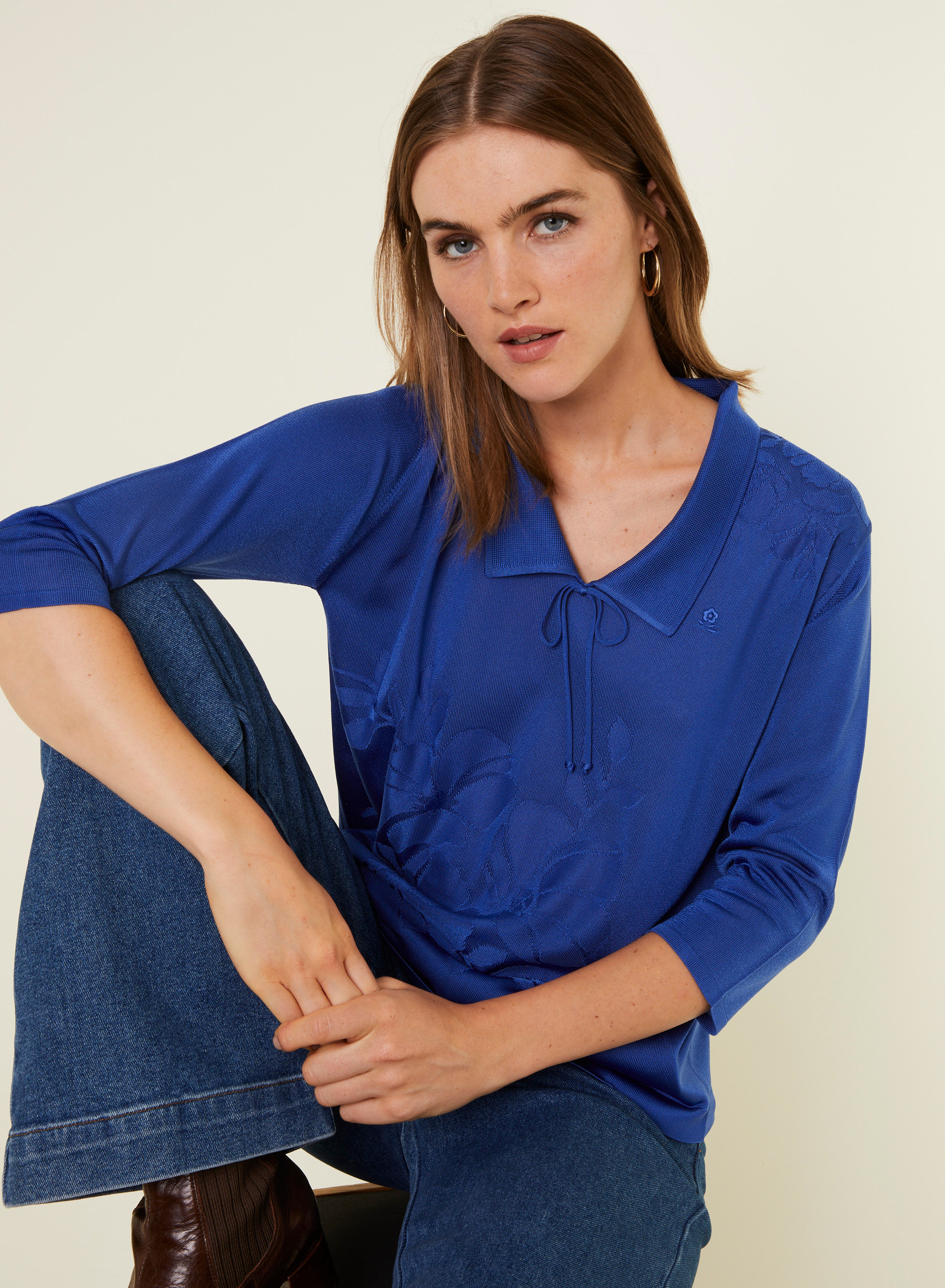 Polo col noué manches coudes en Fil Lumière - Enora 4847 beignet - 03 Bleu foncé