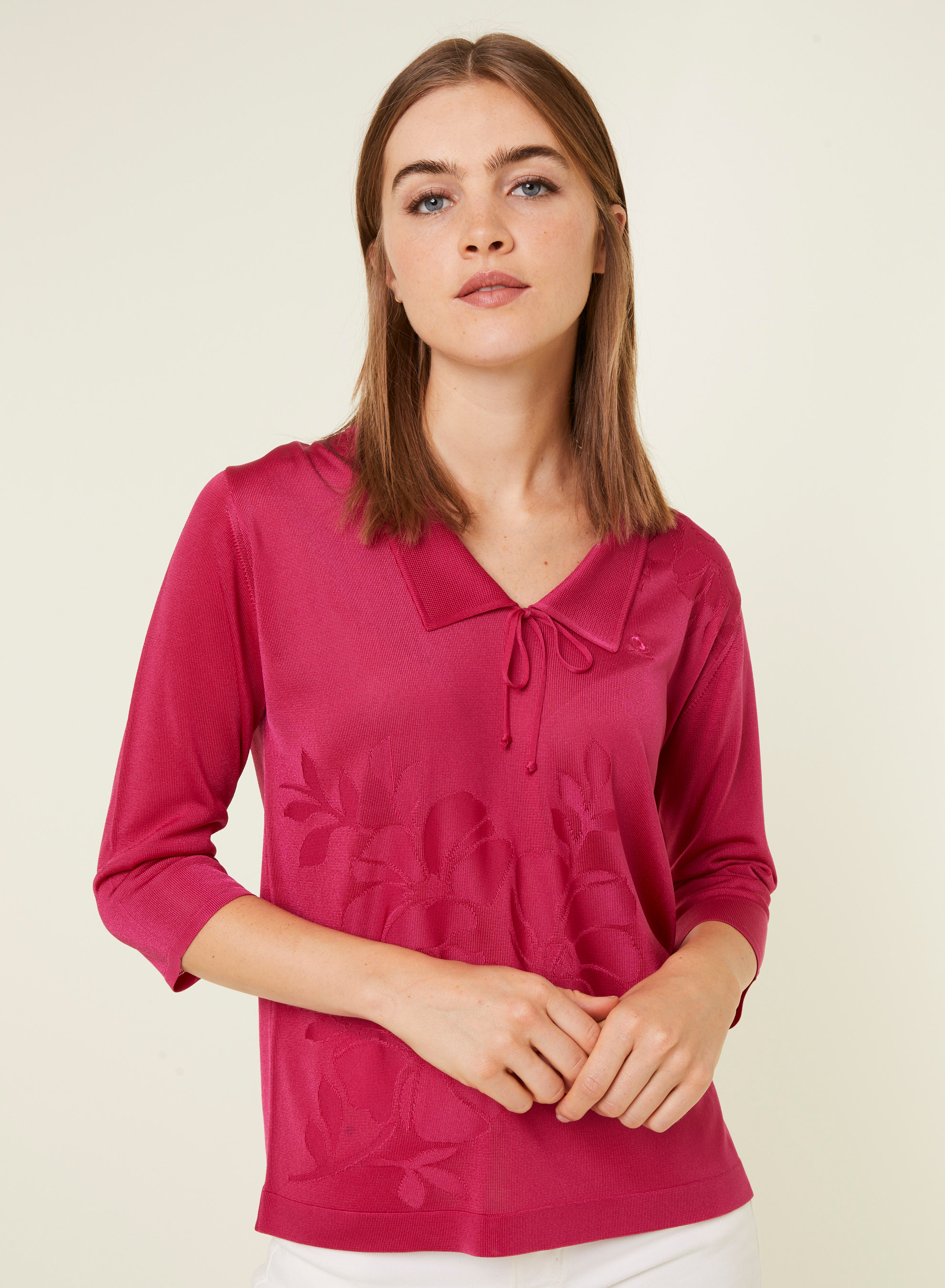 Polo shirt with knotted collar and elbow sleeves in Fil Lumiere - Enora