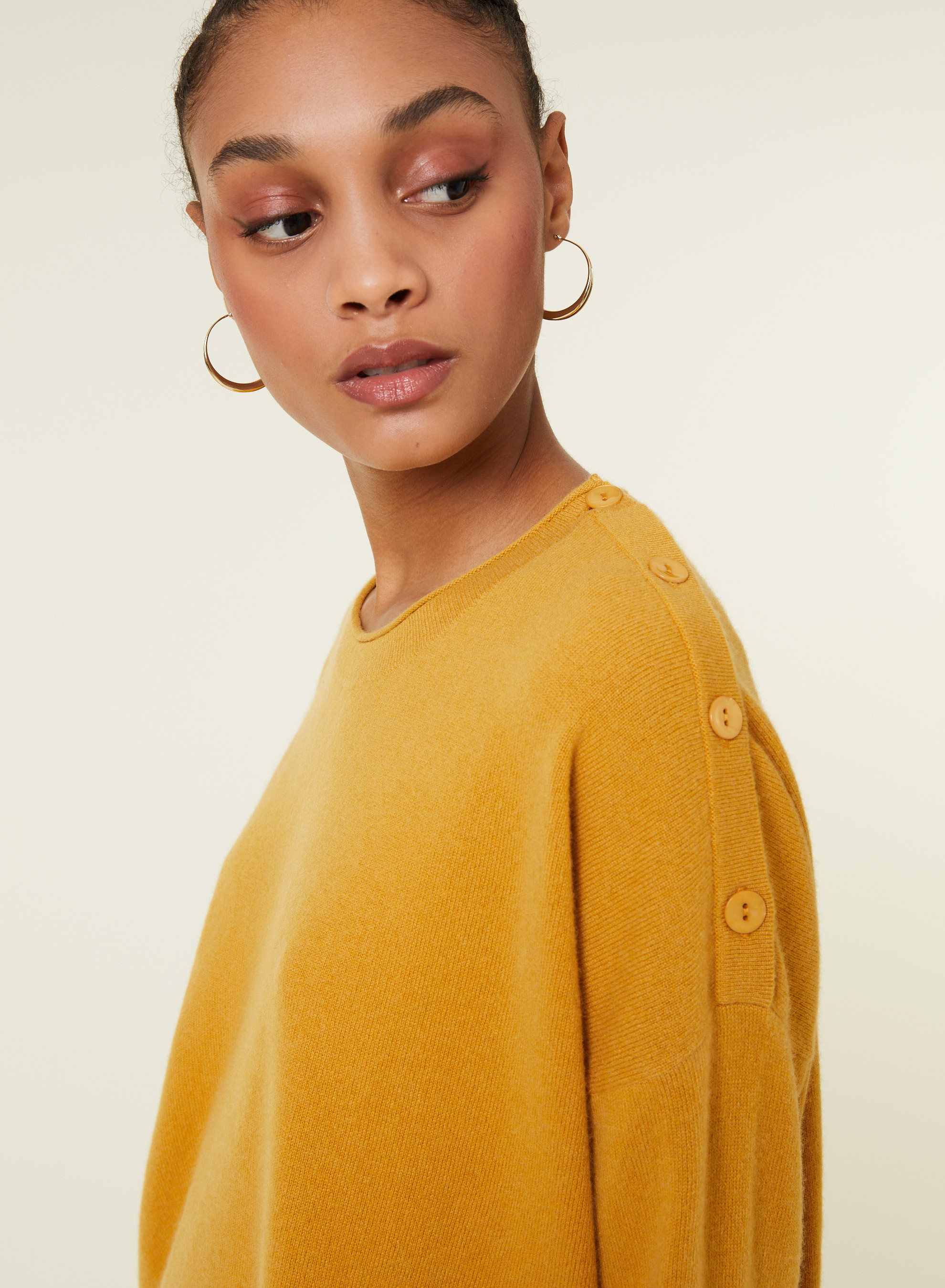 Pull ample boutonné à col rond en cachemire - Acene 7860 soleil - 89 Moutarde