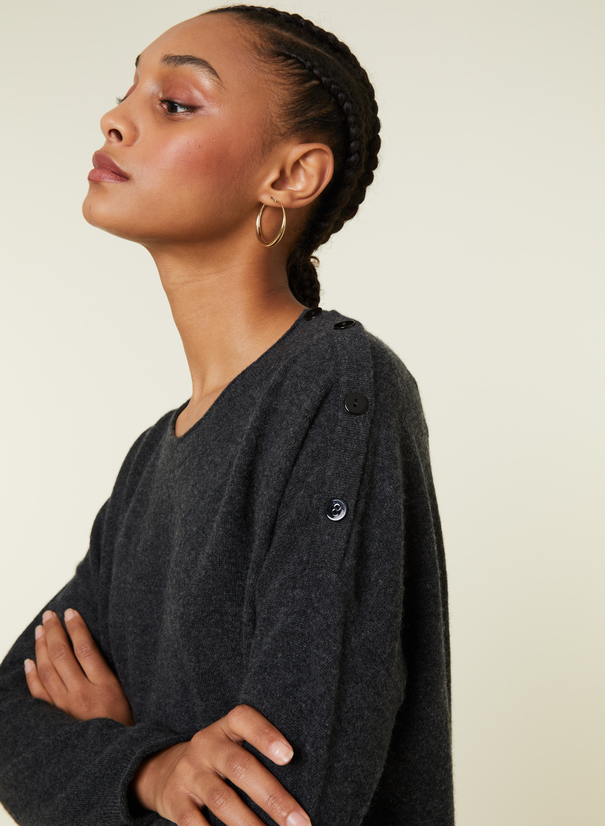 Pull ample boutonné à col rond en cachemire - Acene 7813 ombre - 10 Gris foncé
