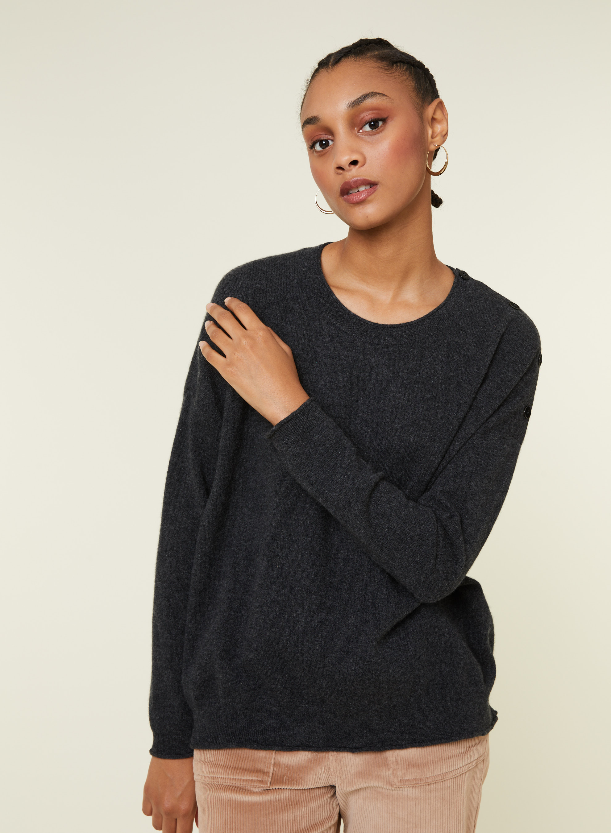 Pull ample boutonné à col rond en cachemire - Acene 7813 ombre - 10 Gris foncé