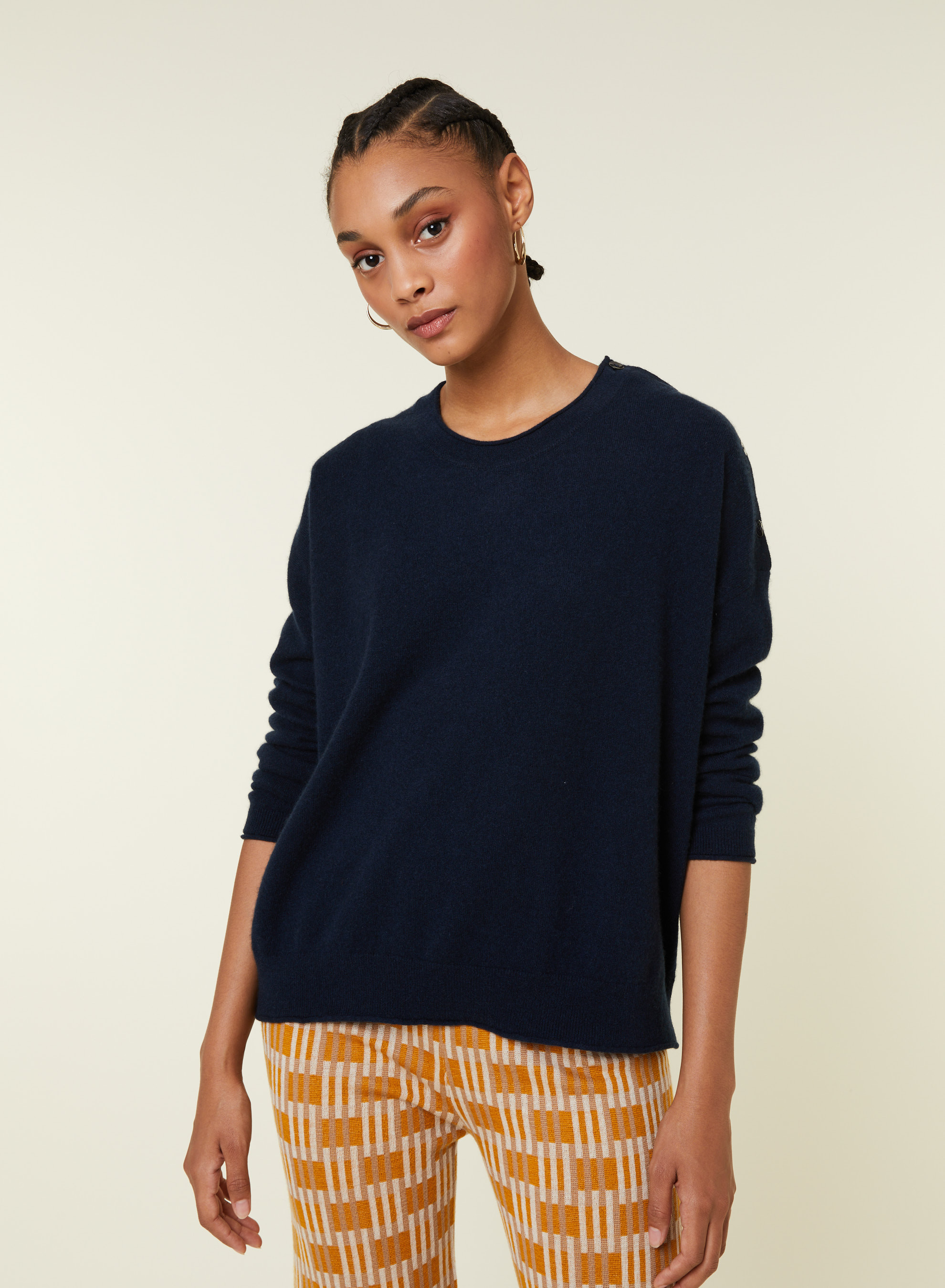 Pull ample boutonné à col rond en cachemire - Acene 7840 marine - 05 Bleu marine