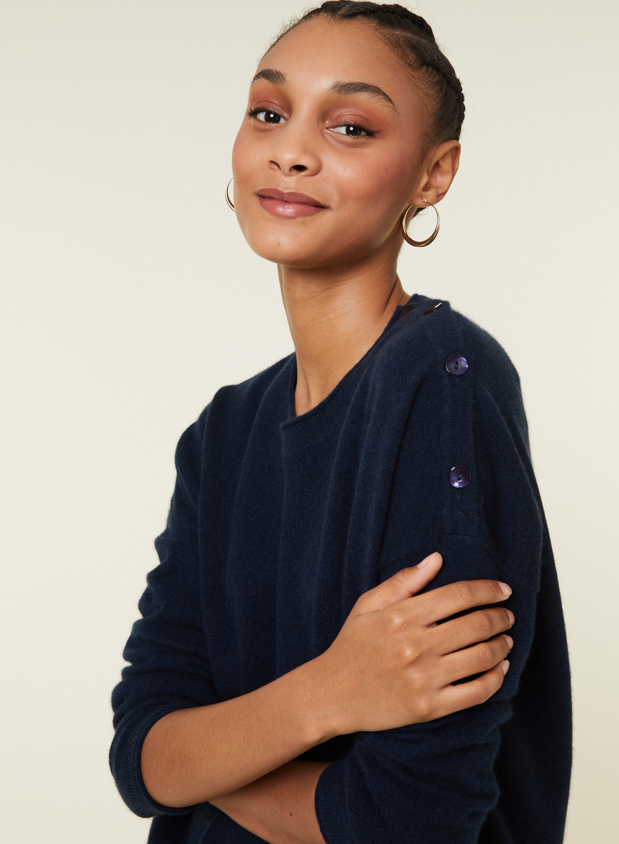 Pull ample boutonné à col rond en cachemire - Acene 7840 marine - 05 Bleu marine