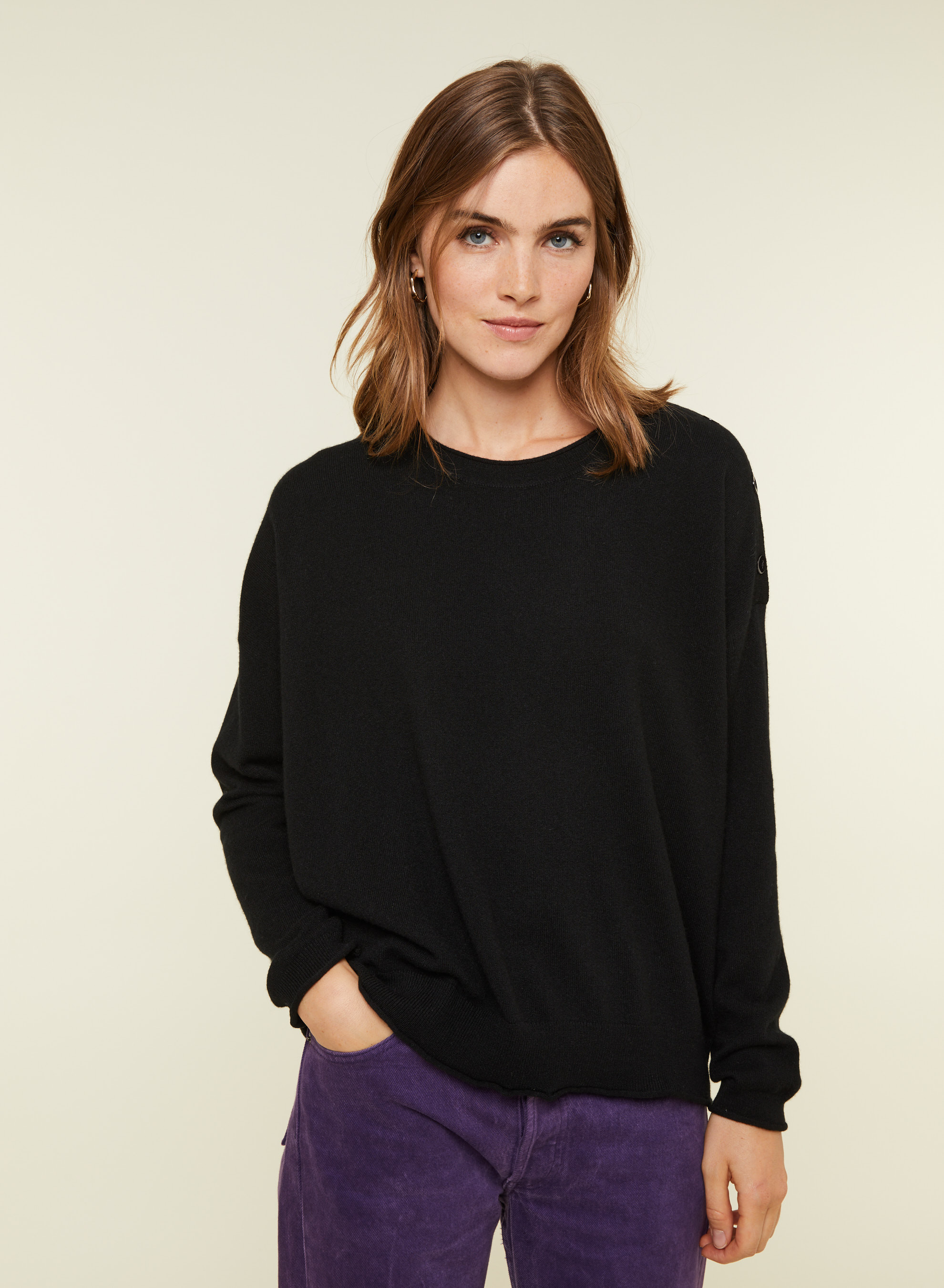Pull ample boutonné à col rond en cachemire - Acene 7810 noir - 01 Noir