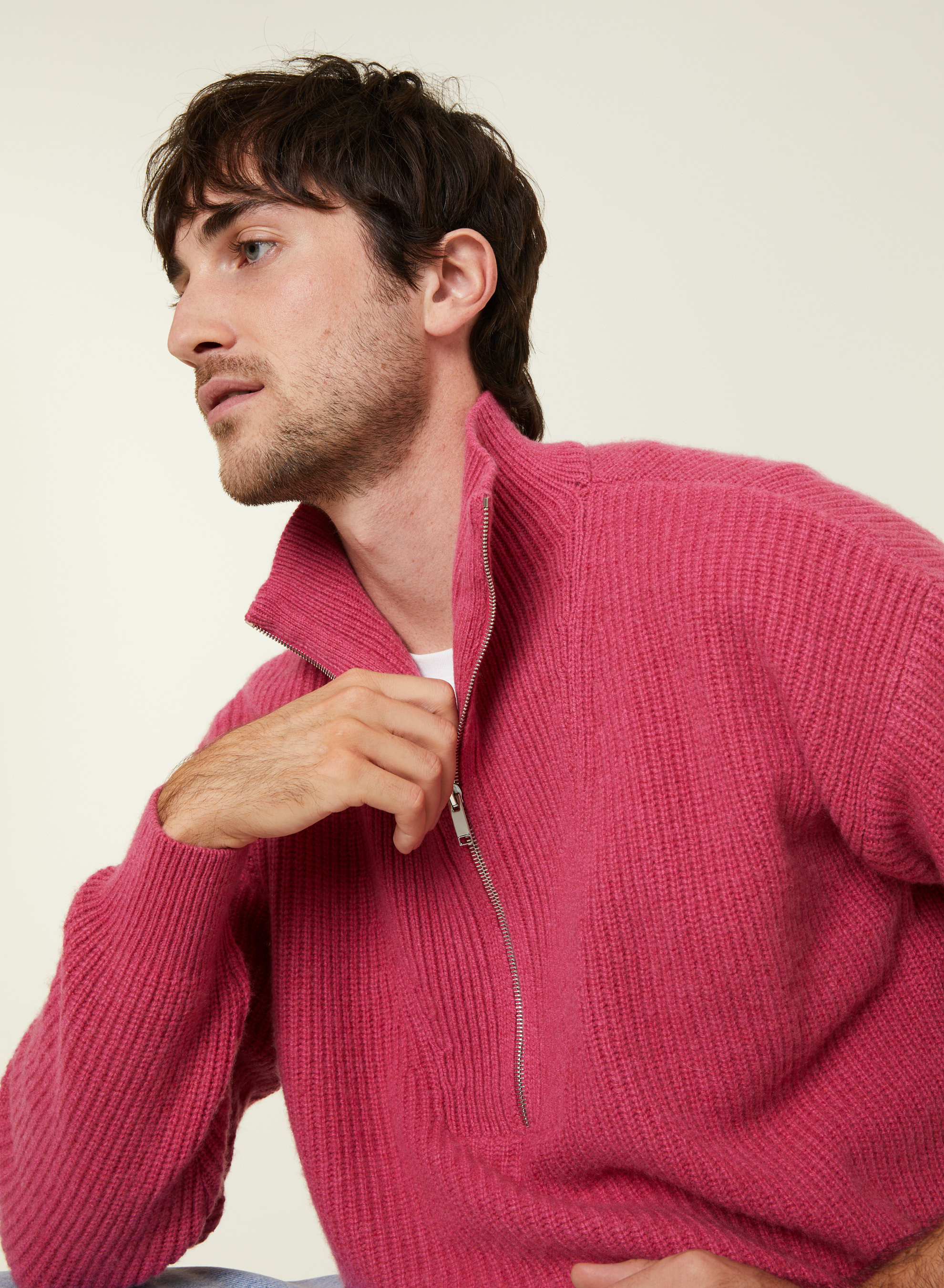 Pull col camionneur maille perlée en cachemire et laine recyclés - French
