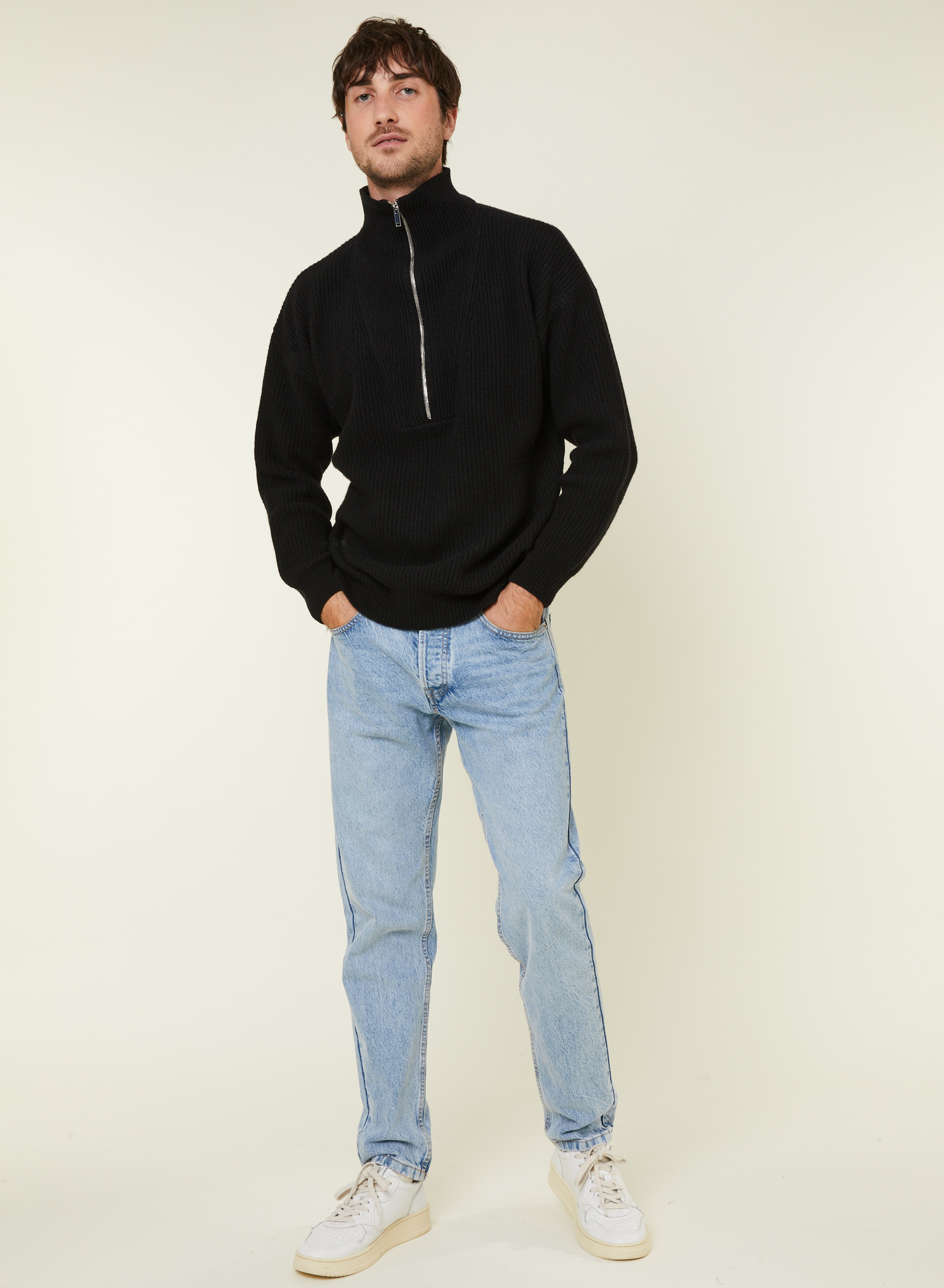 Pull col camionneur maille perlée en cachemire et laine recyclés - French