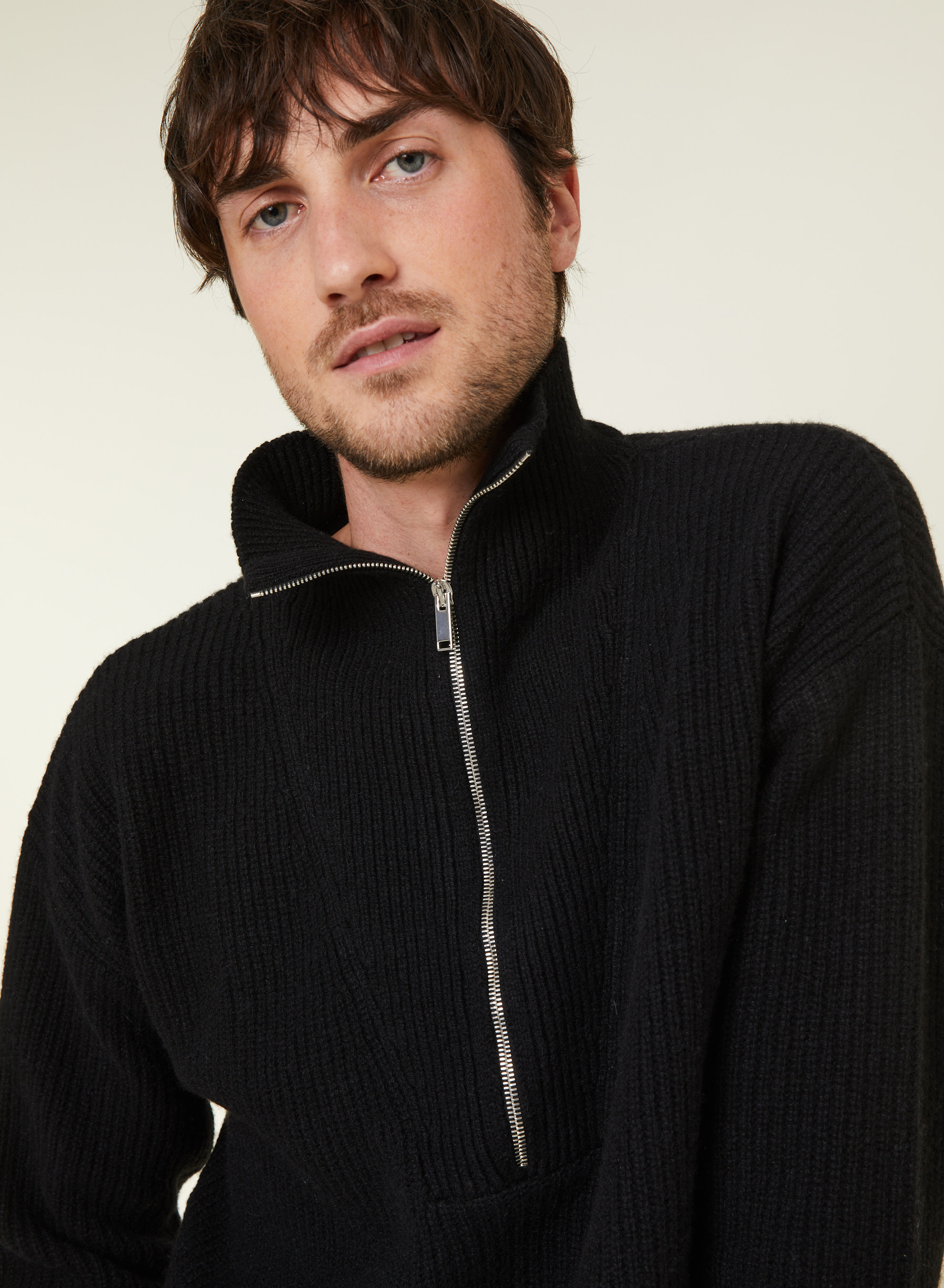 Pull col camionneur maille perlée en cachemire et laine recyclés - French
