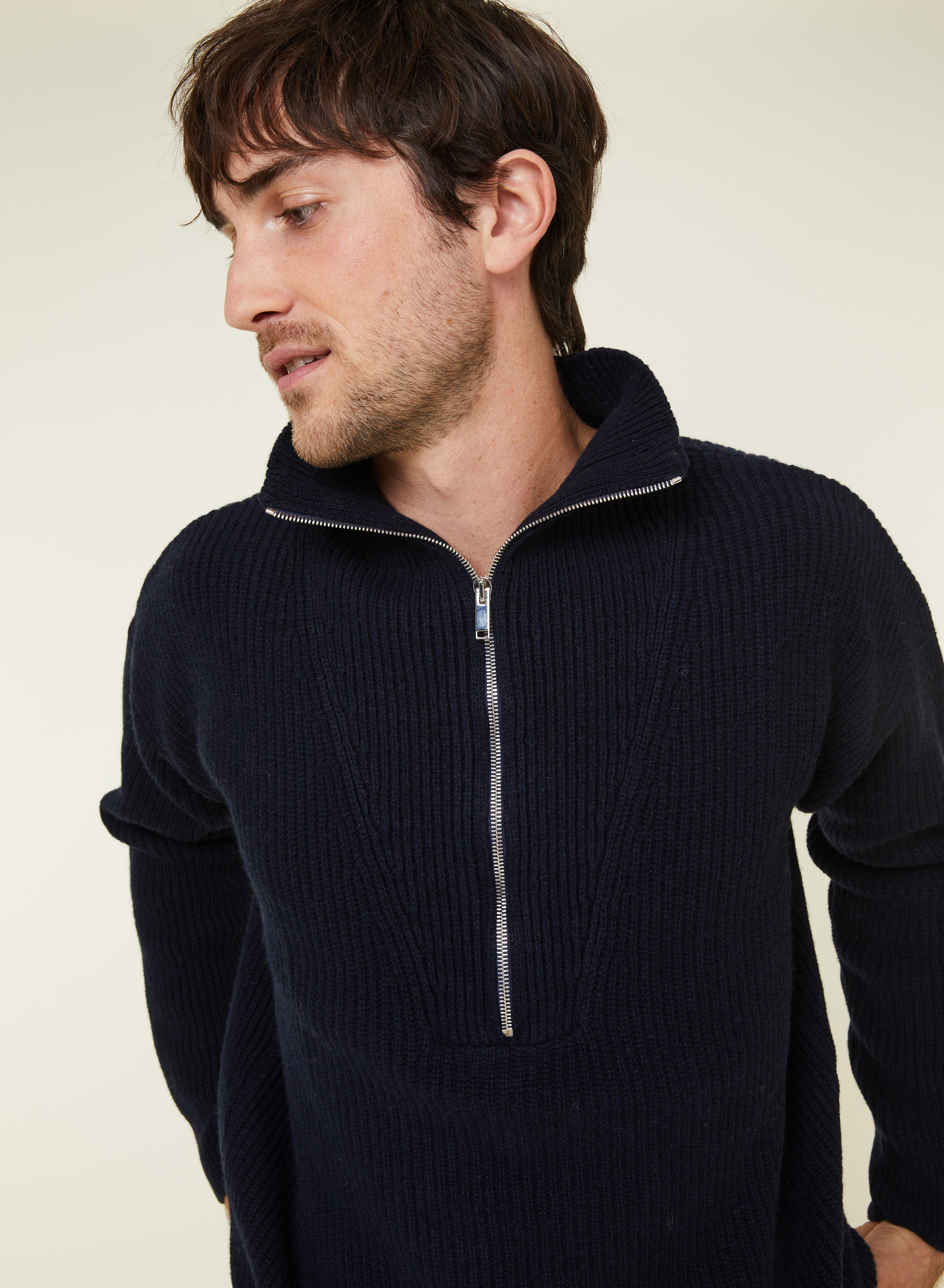 Pull col camionneur maille perlée en cachemire et laine recyclés - French