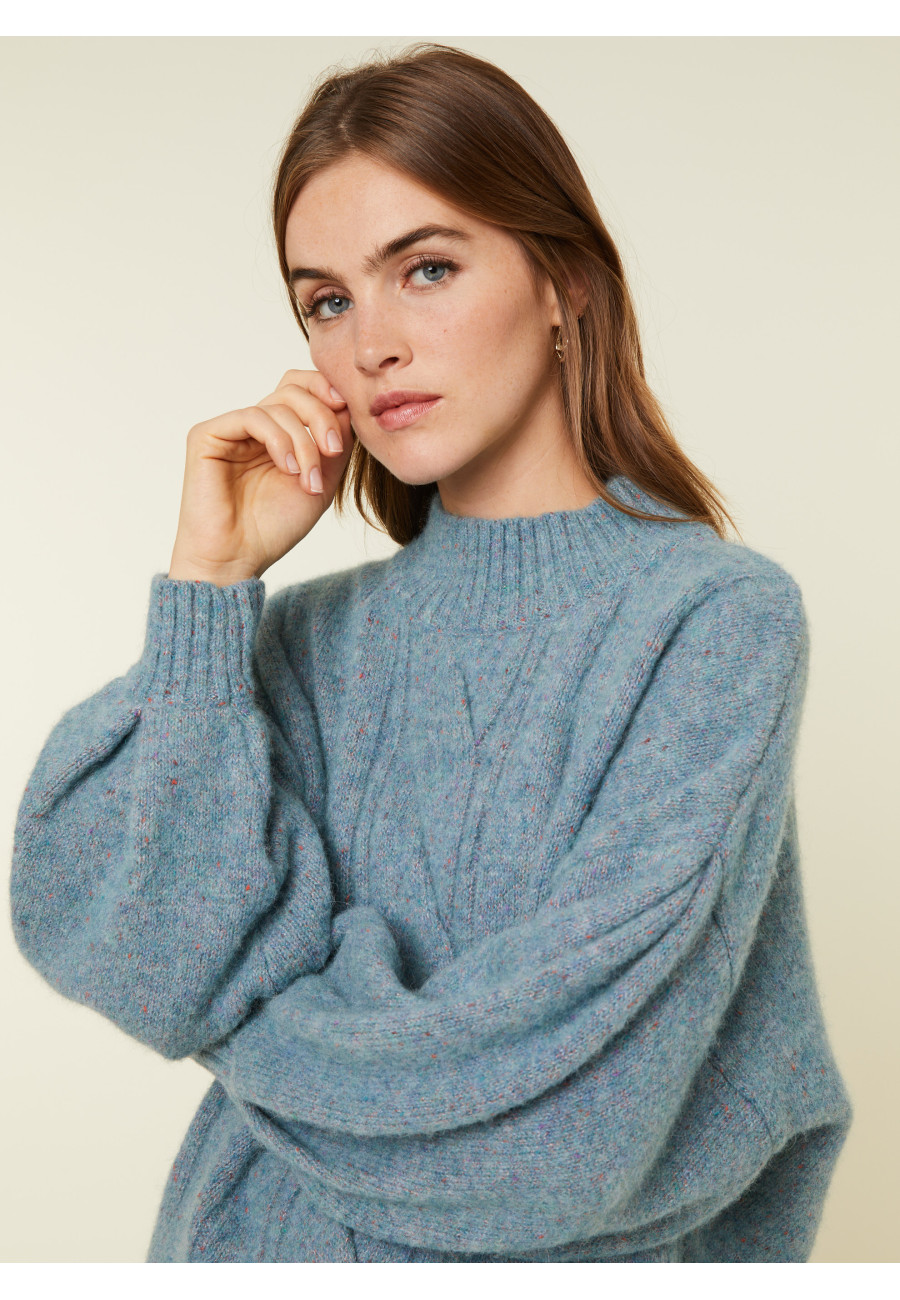 Pull ras de cou chiné en laine mélangée - Laetitia 7843 pacifique chine - 06 Bleu moyen