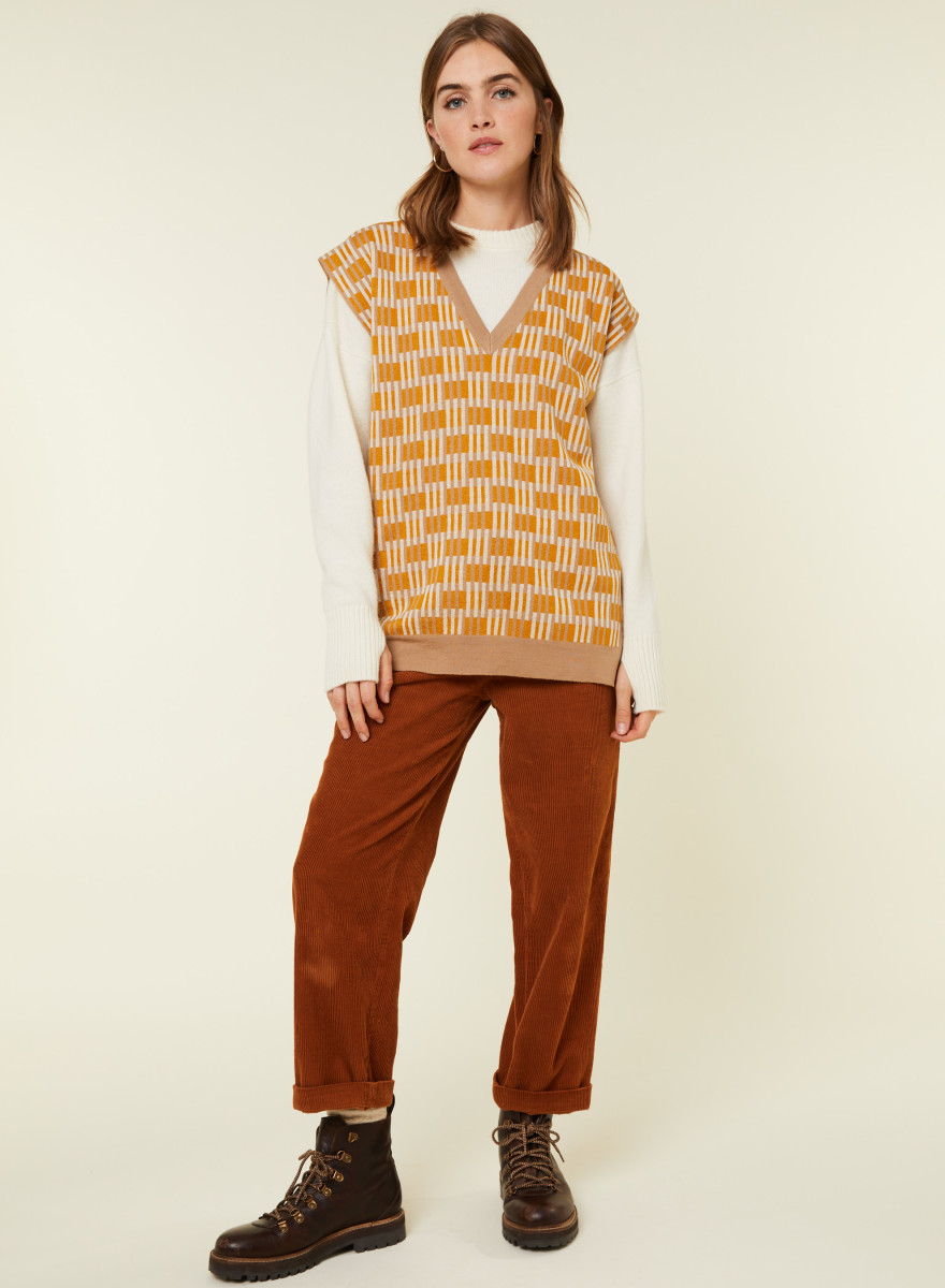 Pull col V à motifs en laine mérinos sans manches - Ganael