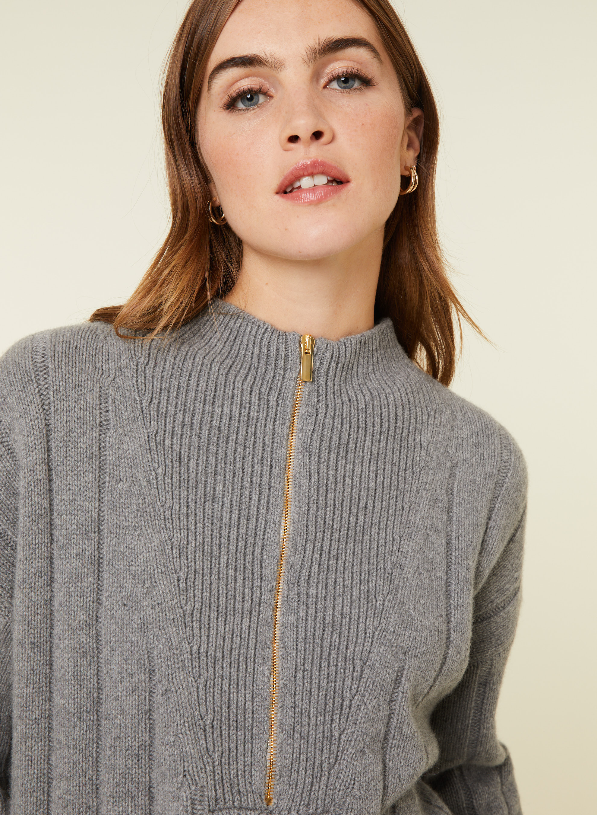 Pull col montant zippé en cachemire et laine recyclés - Lodric 7811 volute - 09 Gris moyen