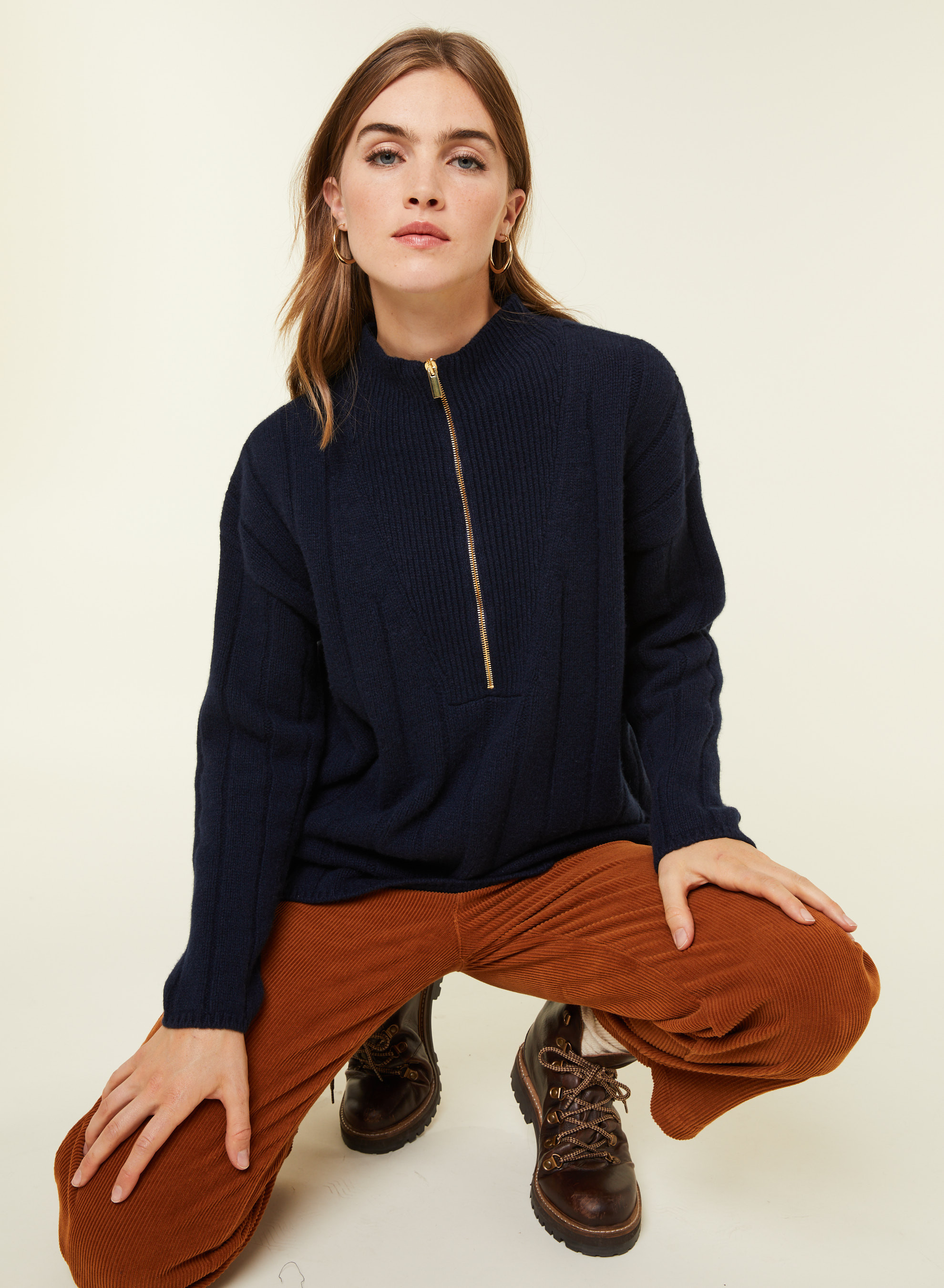 Pull col montant zippé en cachemire et laine recyclés - Lodric 7840 marine - 05 Bleu marine