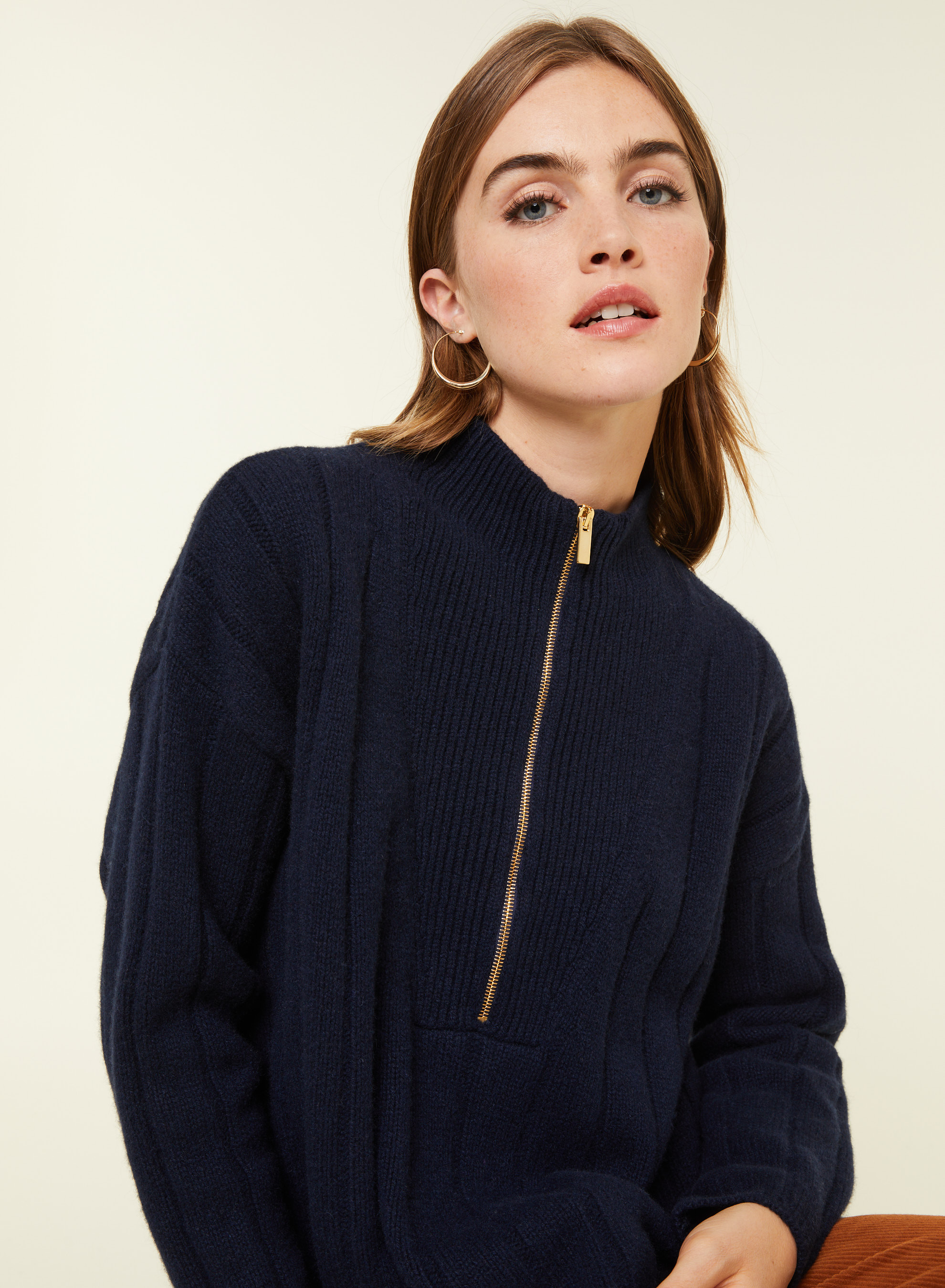 Pull col montant zippé en cachemire et laine recyclés - Lodric 7840 marine - 05 Bleu marine