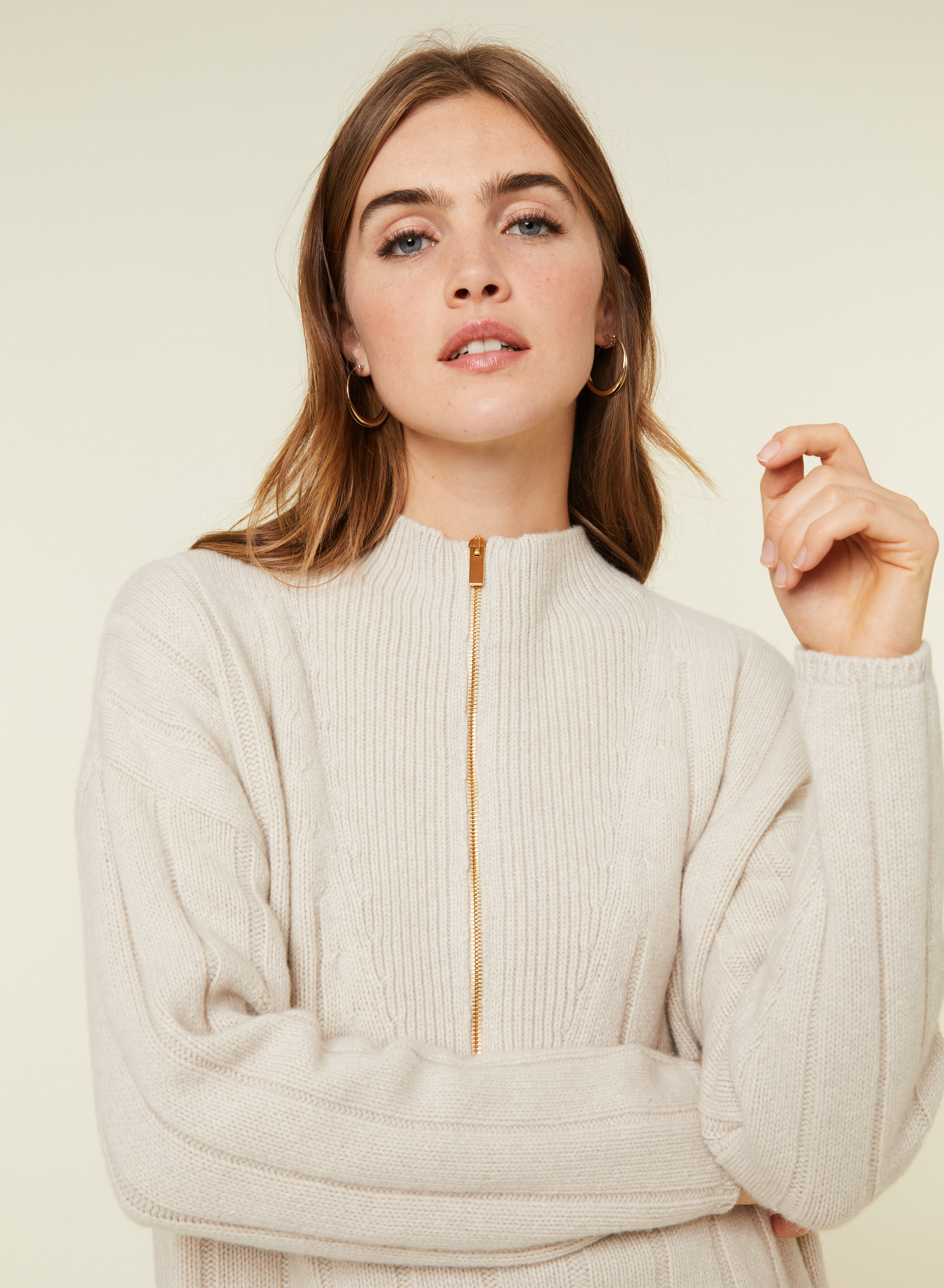 Pull col montant zippé en cachemire et laine recyclés - Lodric 7801 ecru - 82 Ecru