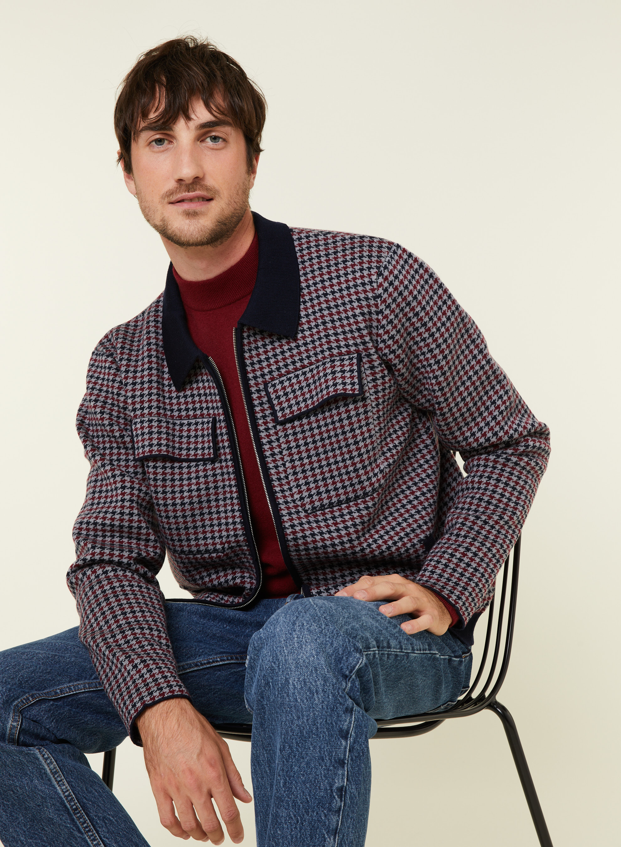 Veste col polo à motifs pied-de-poule en laine mérinos - Fabien