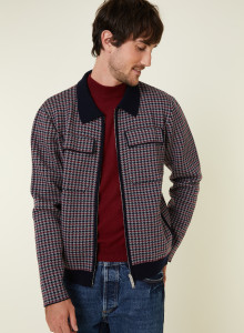 Polo collar jacket with houndstooth patterns in merino wool - Fabien