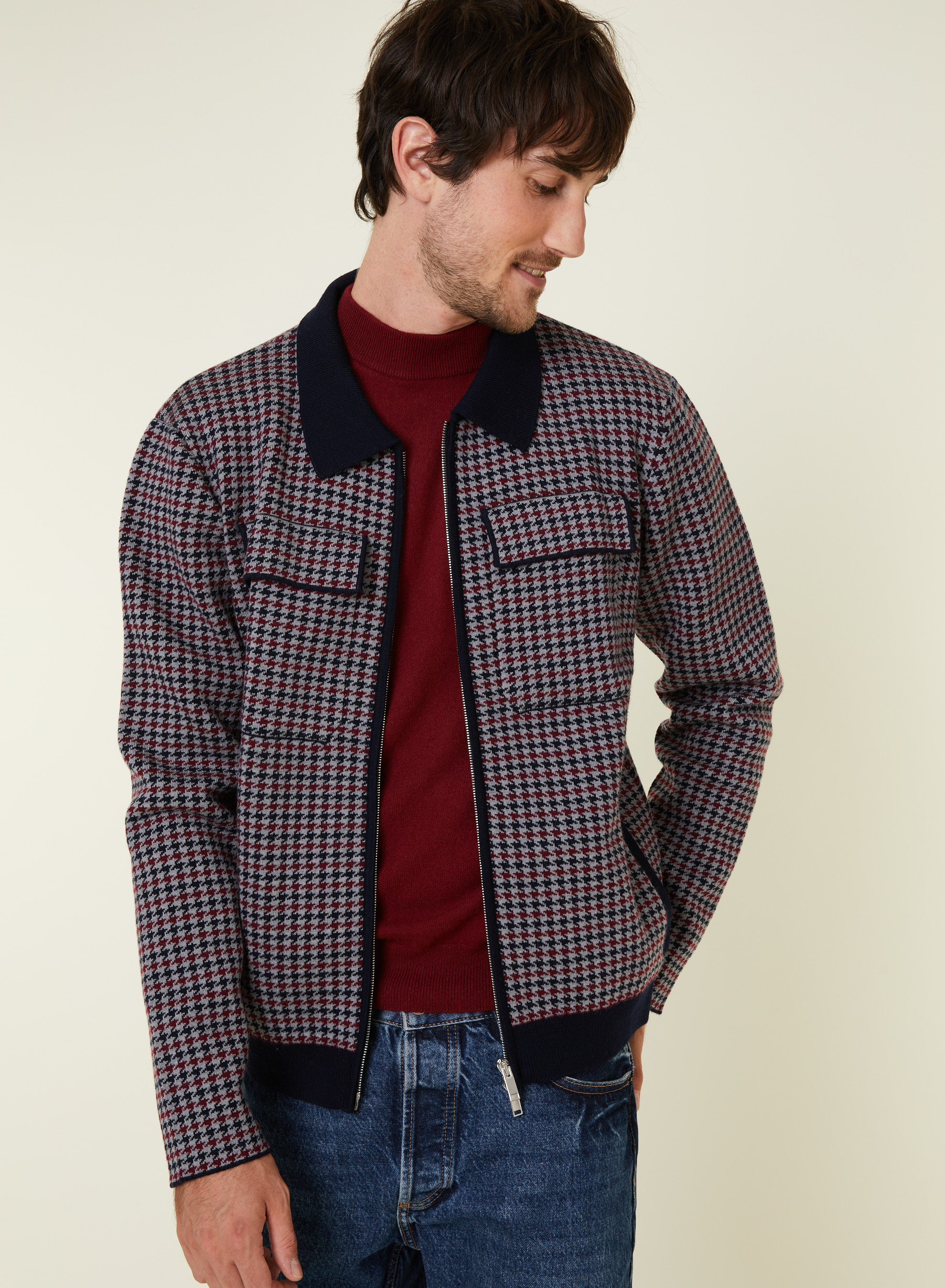 Veste col polo à motifs pied-de-poule en laine mérinos - Fabien