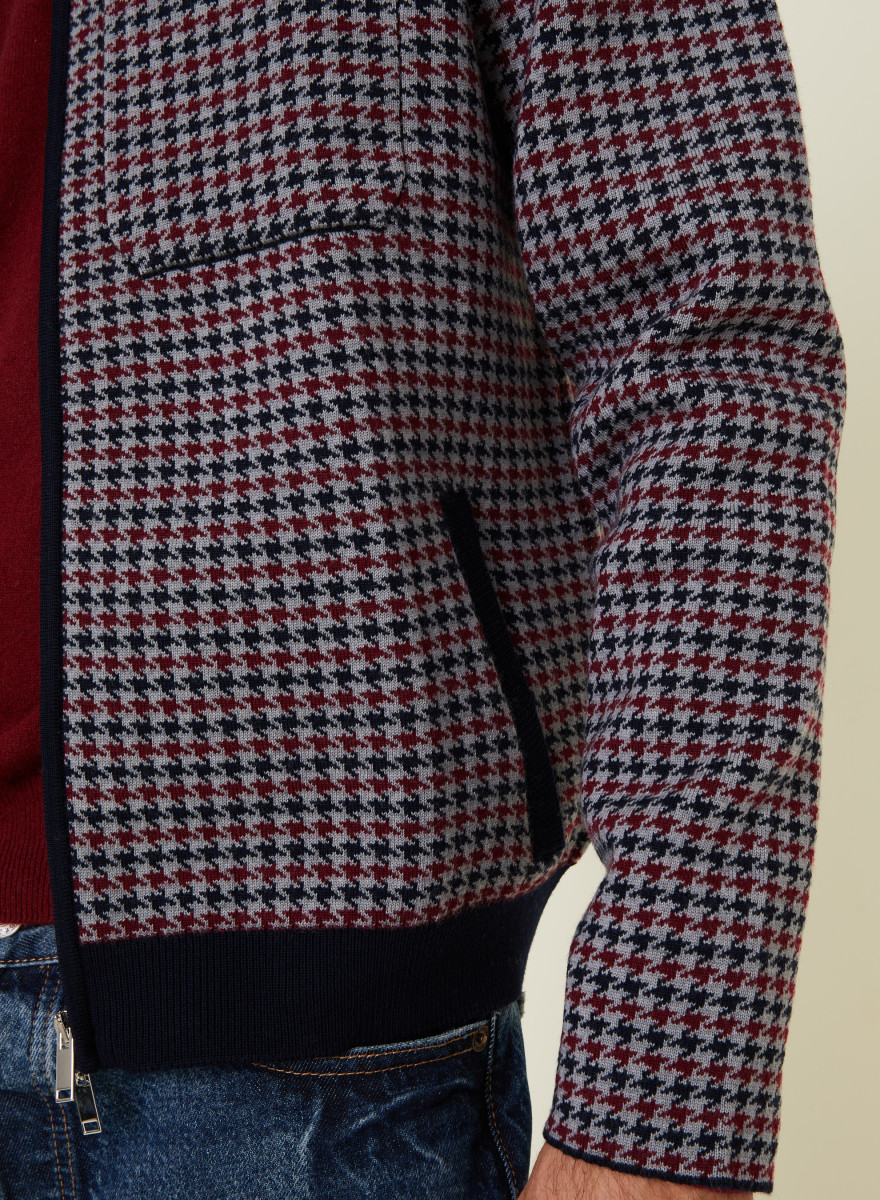 Polo collar jacket with houndstooth patterns in merino wool - Fabien