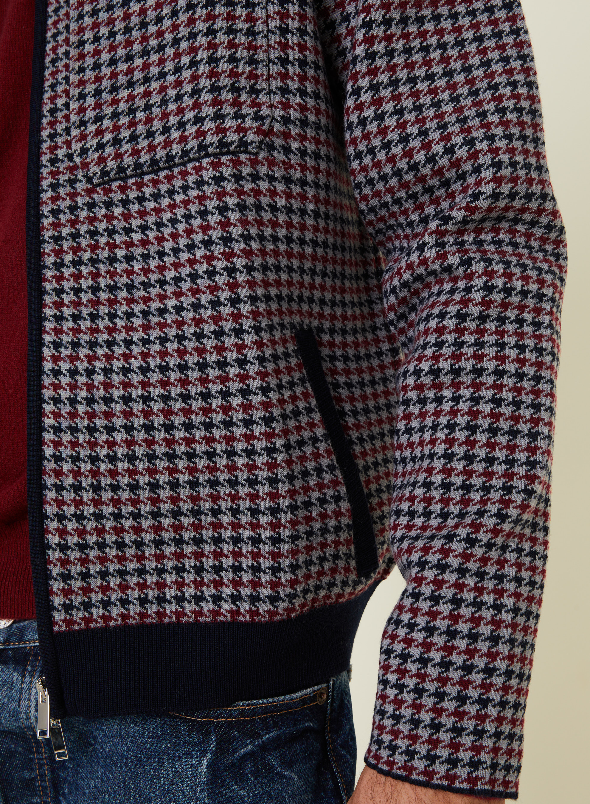 Veste col polo à motifs pied-de-poule en laine mérinos - Fabien