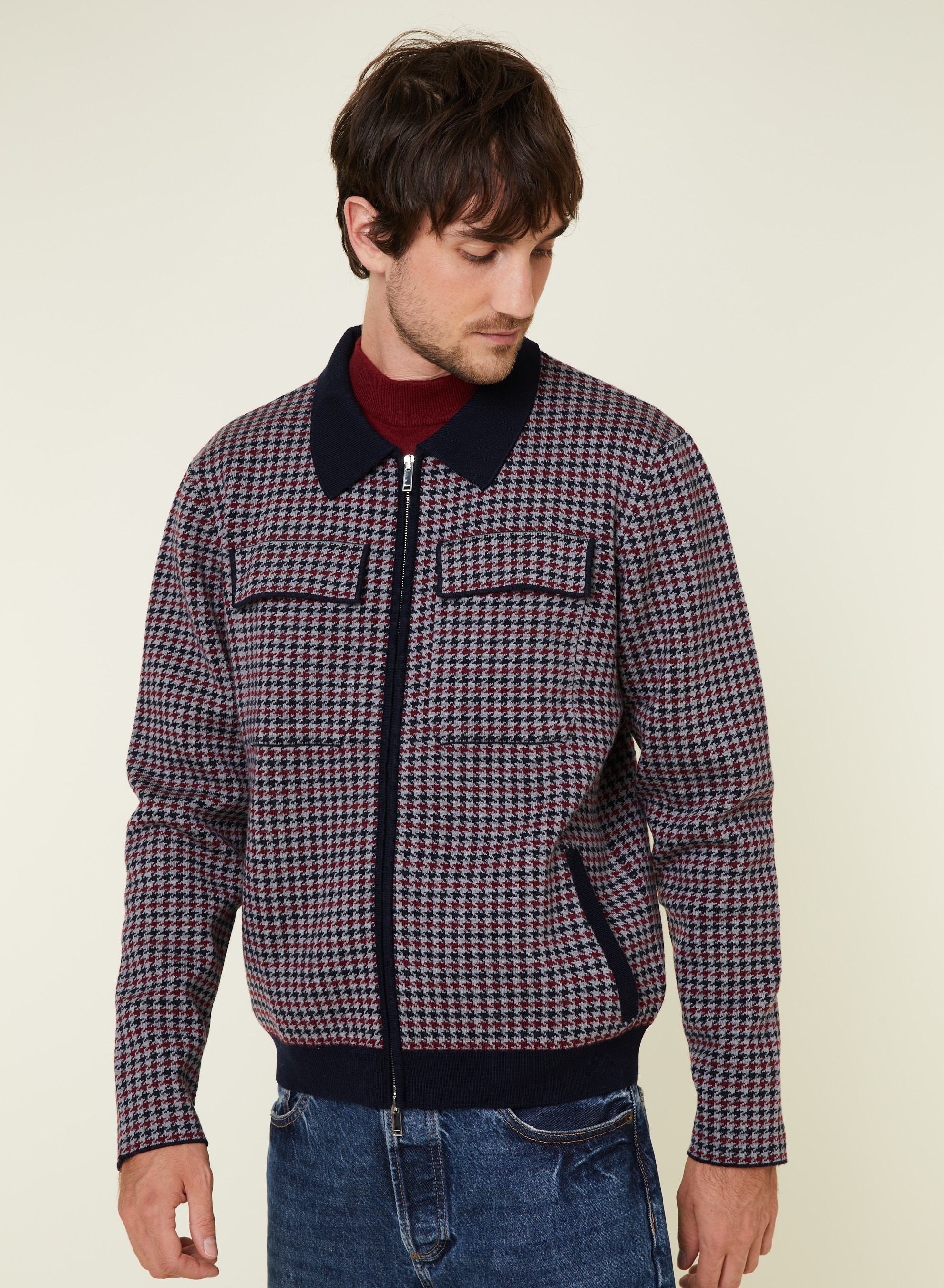 Veste col polo à motifs pied-de-poule en laine mérinos - Fabien