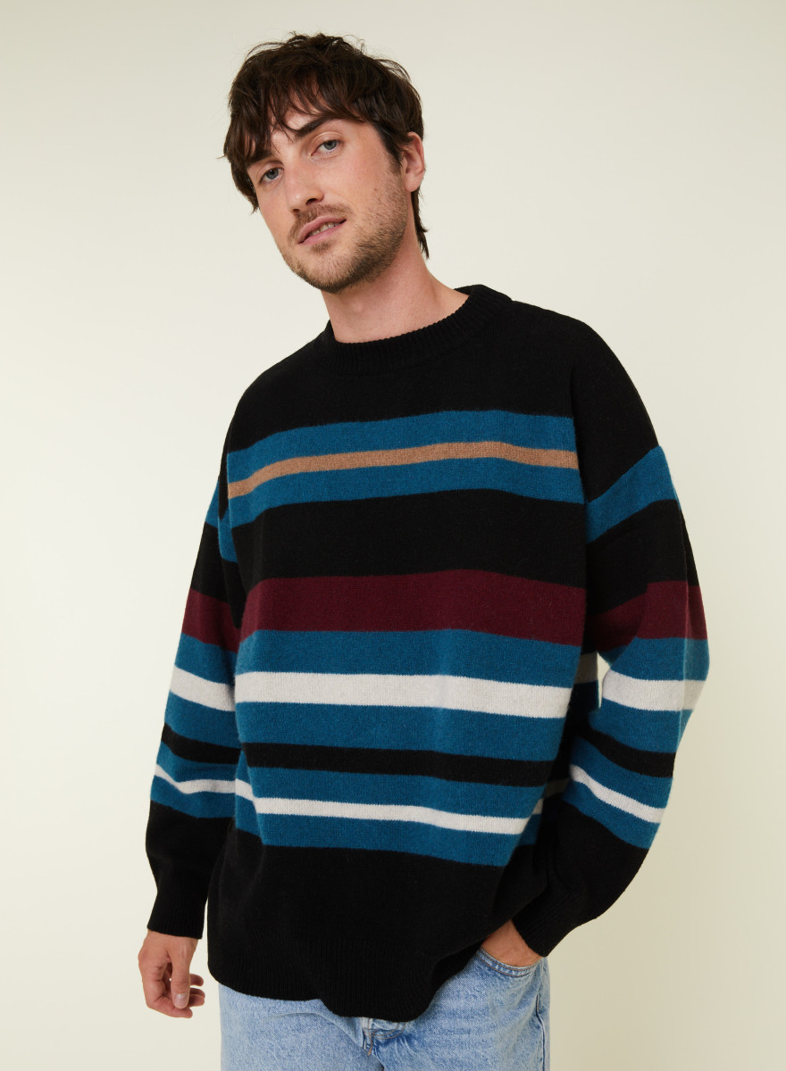 Round-neck striped sweater in recycled cashmere and wool - Fael