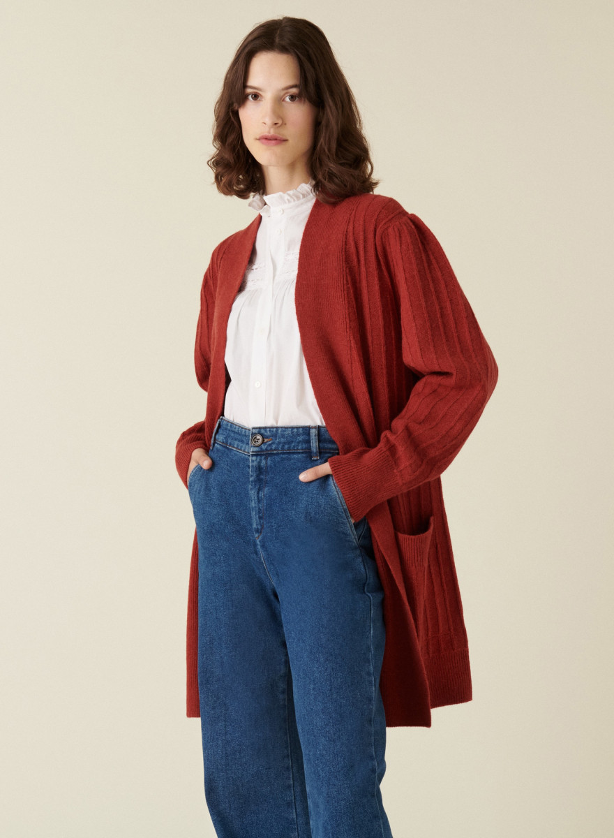 Long gilet en laine alpaga manches ballons - Damy 7485 brique - 20 Rouge foncé