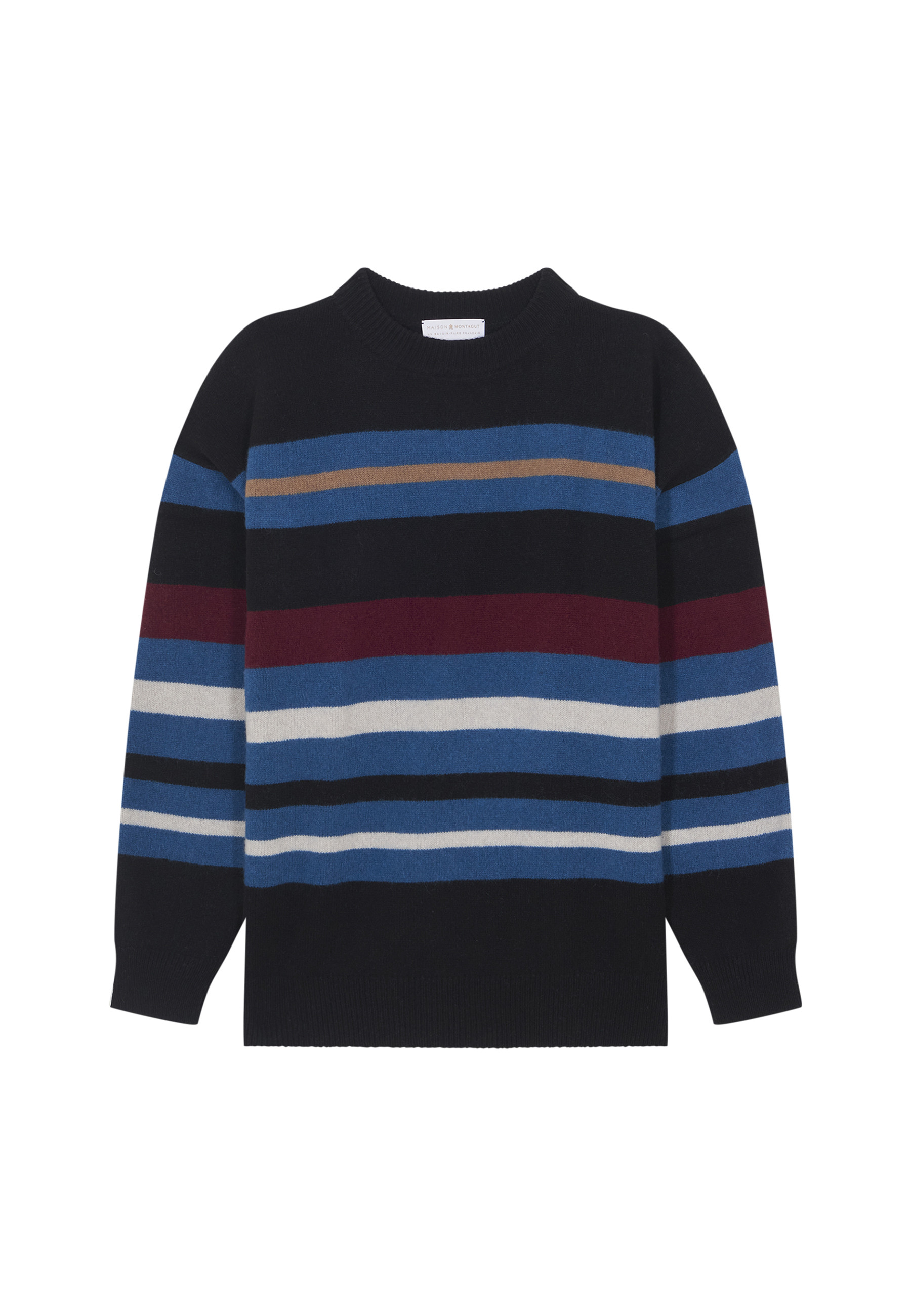 Pull col rond rayé en cachemire et laine recyclés - Fael 7946 noir/pacifique/ecru/camel - 01 Noir