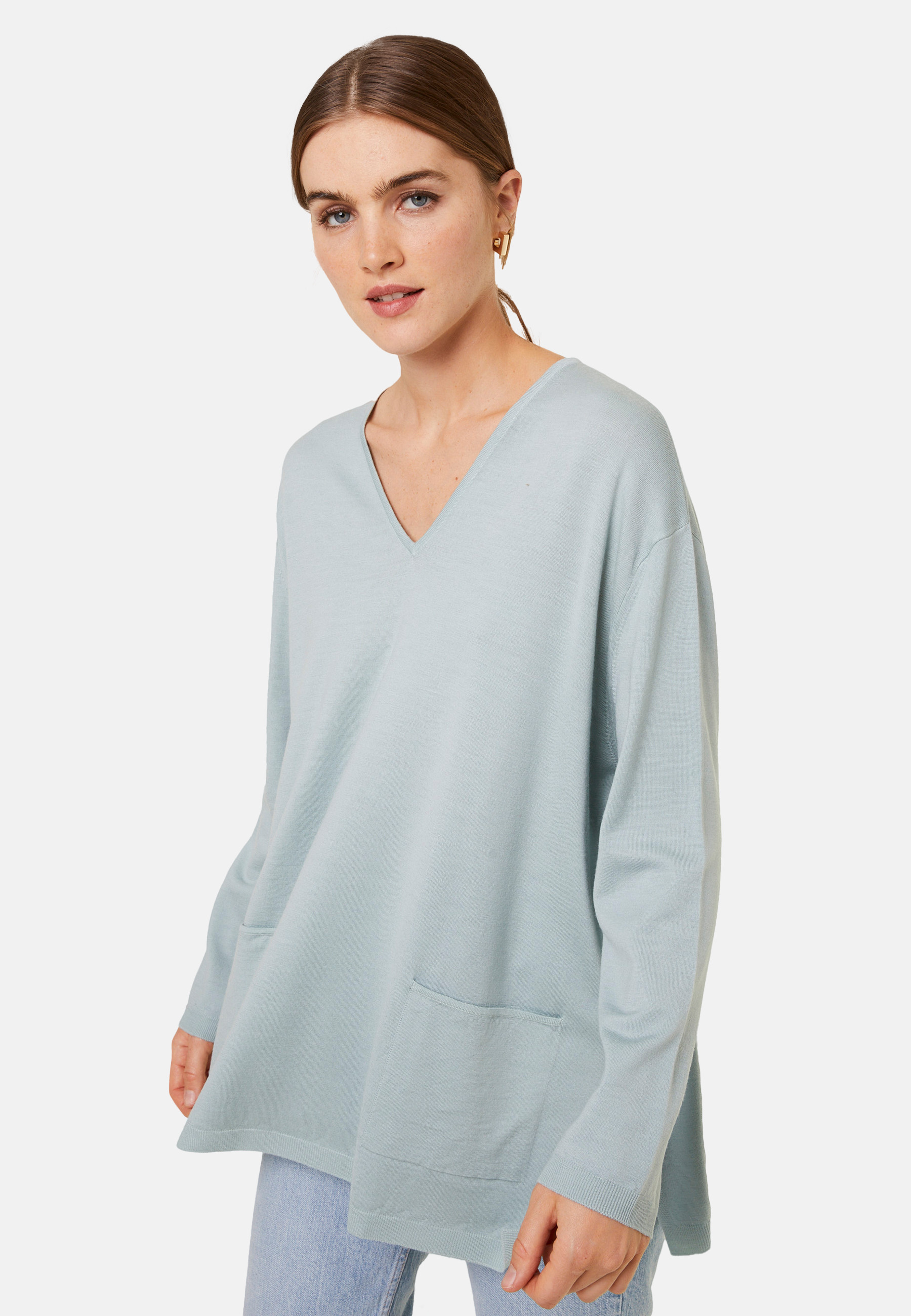 Pull ample col V à poches en laine mérinos - Albertine 7852 celadon - 94 Vert amande