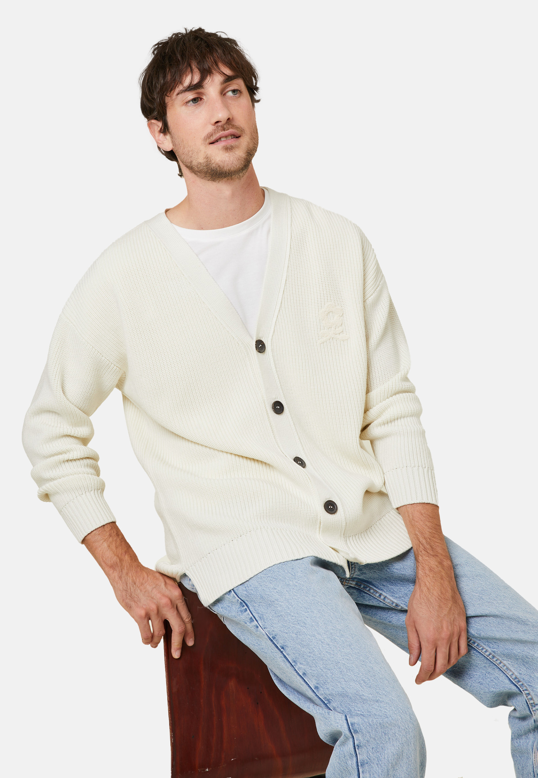 Loose buttoned cardigan with logo in merino wool - Frederic