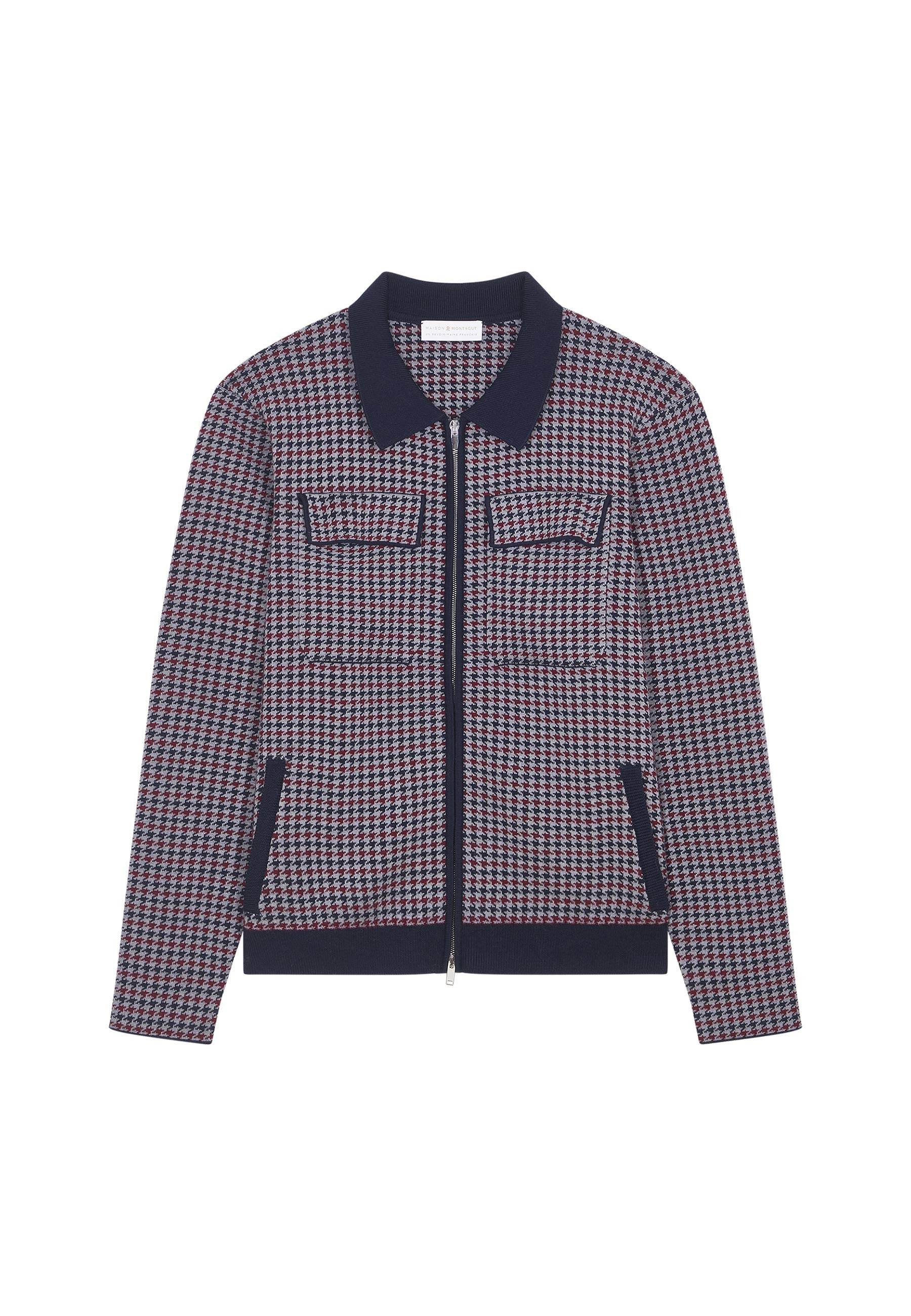 Veste col polo à motifs pied-de-poule en laine mérinos - Fabien