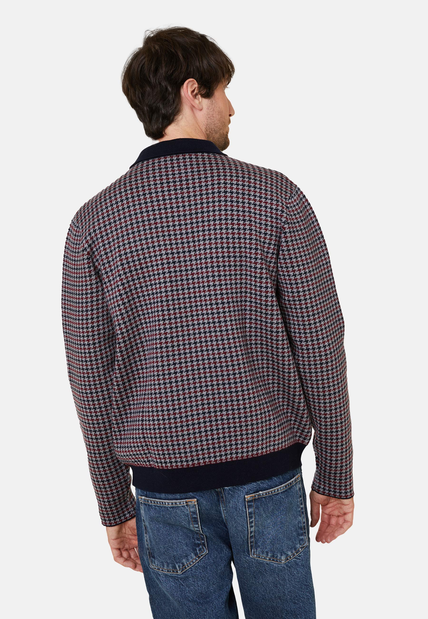 Veste col polo à motifs pied-de-poule en laine mérinos - Fabien