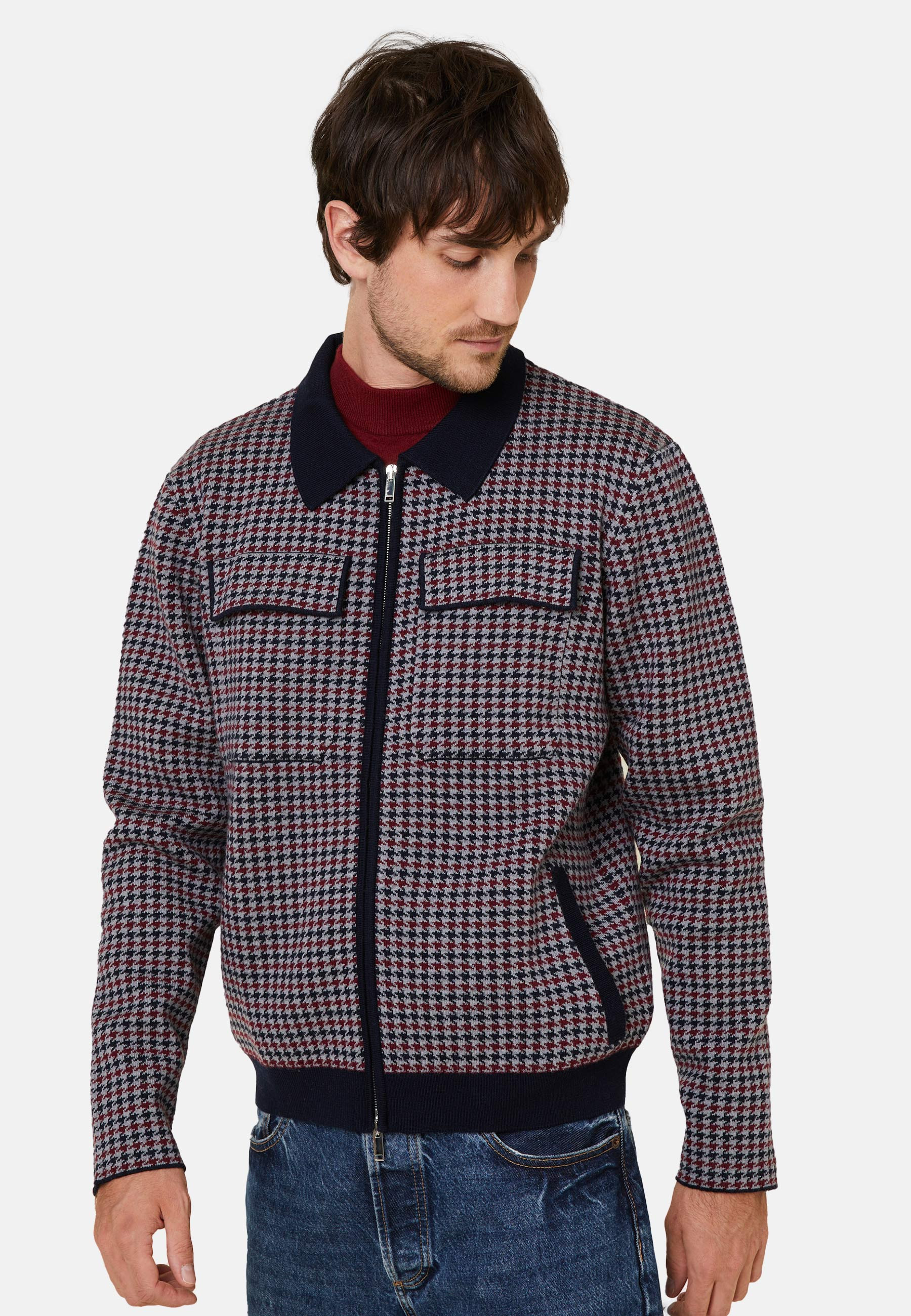 Veste col polo à motifs pied-de-poule en laine mérinos - Fabien