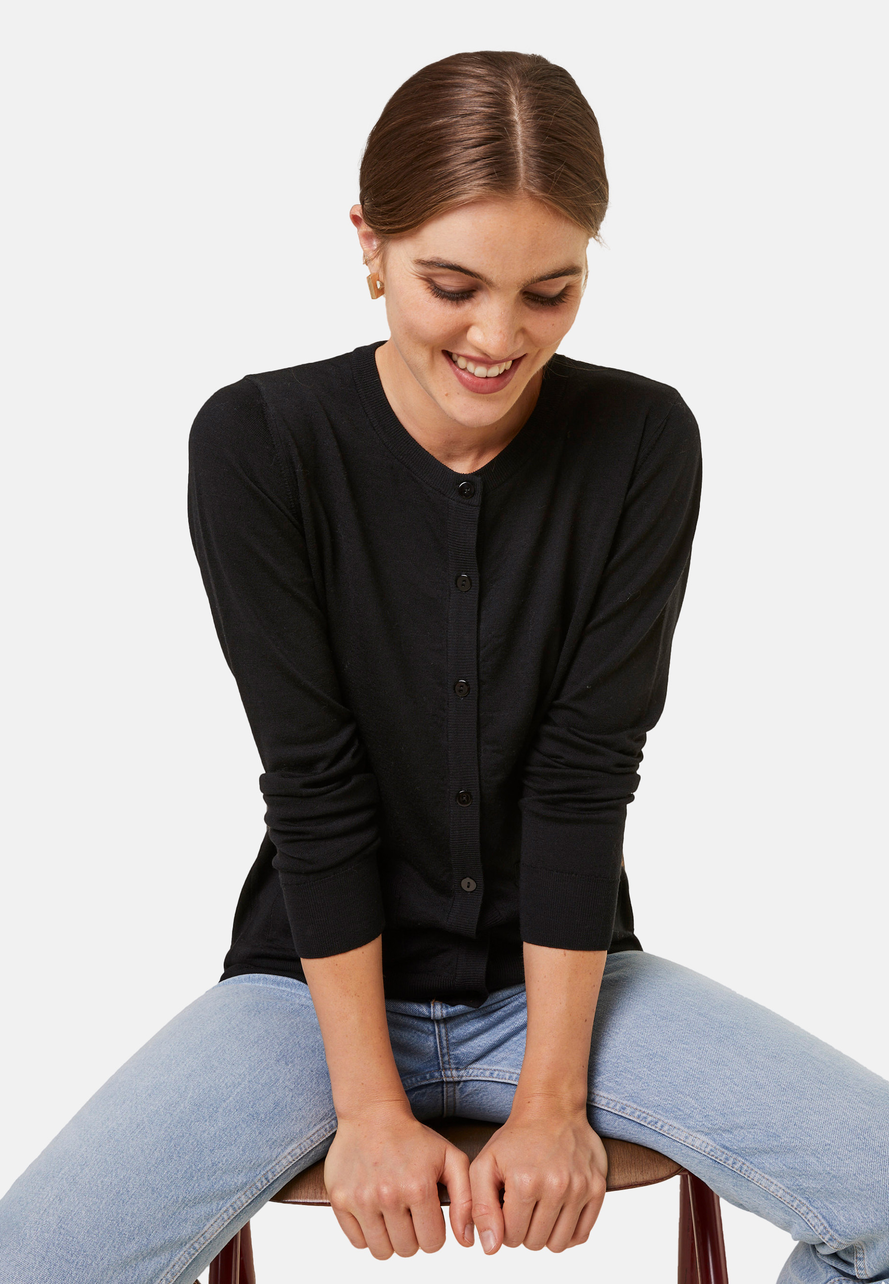 Cardigan boutonné col rond à poches en laine mérinos - Amalia 7850 foret - 83 Kaki
