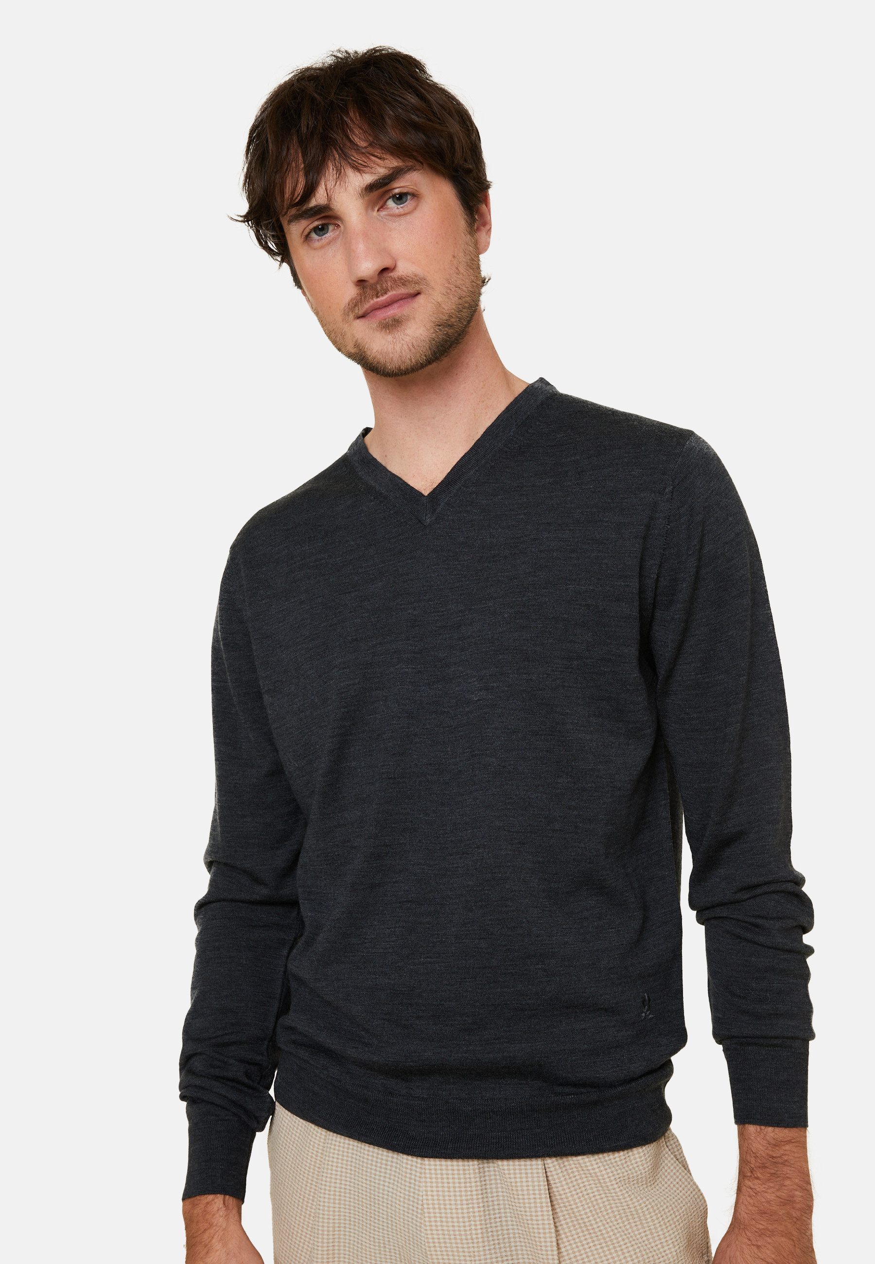 Pull col V avec logo en laine mérinos - Elmo 7881 cerise - 51 Bordeaux