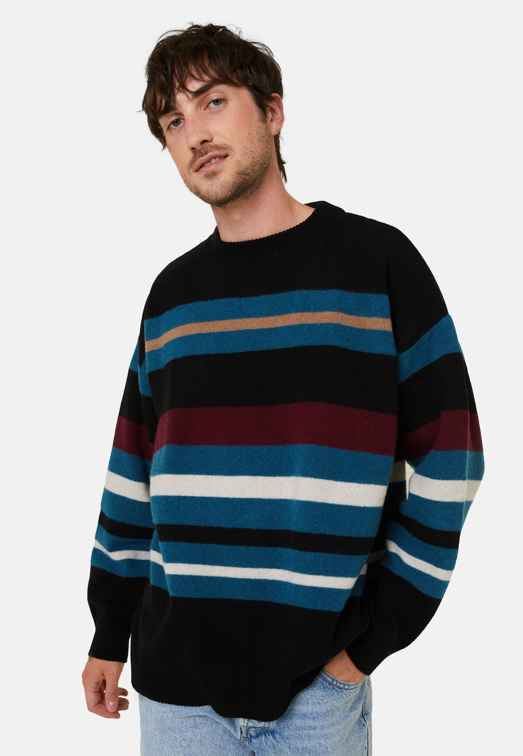 Pull col rond rayé en cachemire et laine recyclés - Fael 7946 noir/pacifique/ecru/camel - 01 Noir