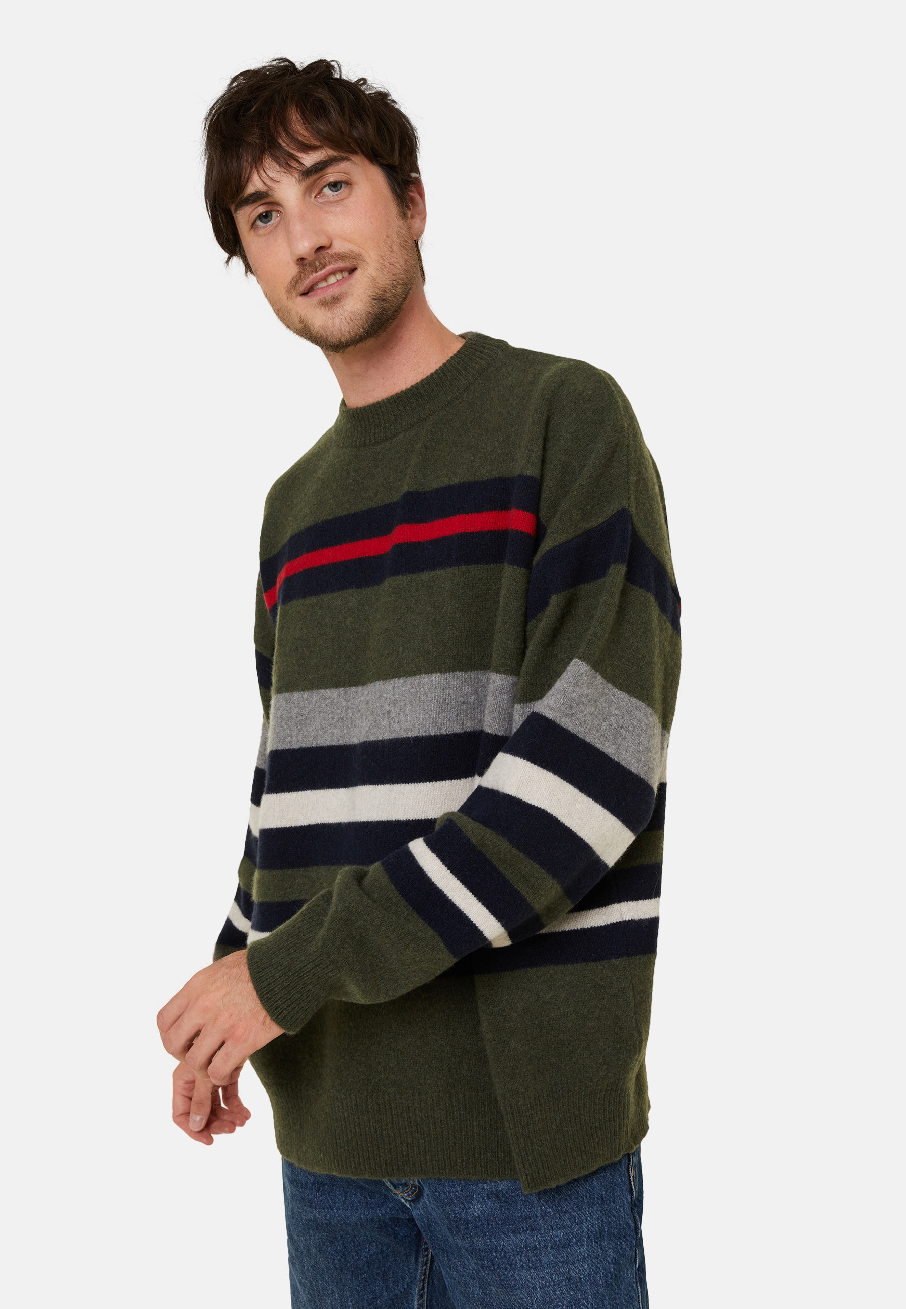 Pull col rond rayé en cachemire et laine recyclés - Fael 7946 noir/pacifique/ecru/camel - 01 Noir