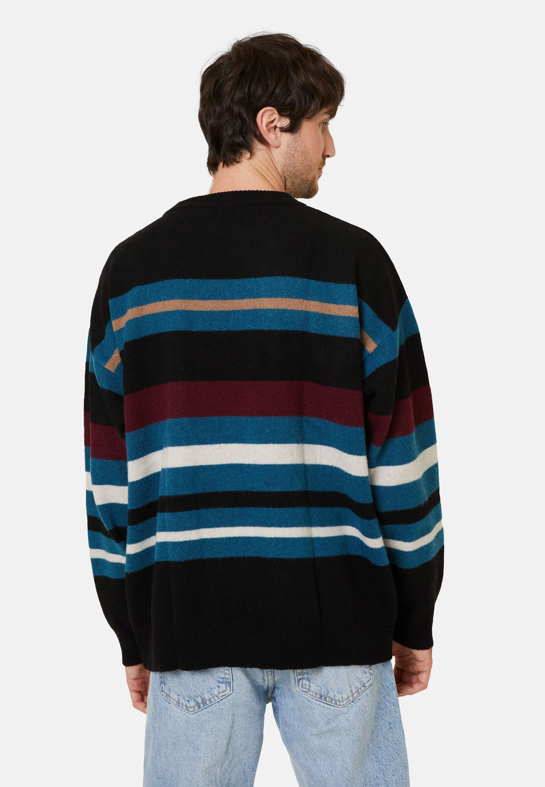 Pull col rond rayé en cachemire et laine recyclés - Fael 7946 noir/pacifique/ecru/camel - 01 Noir