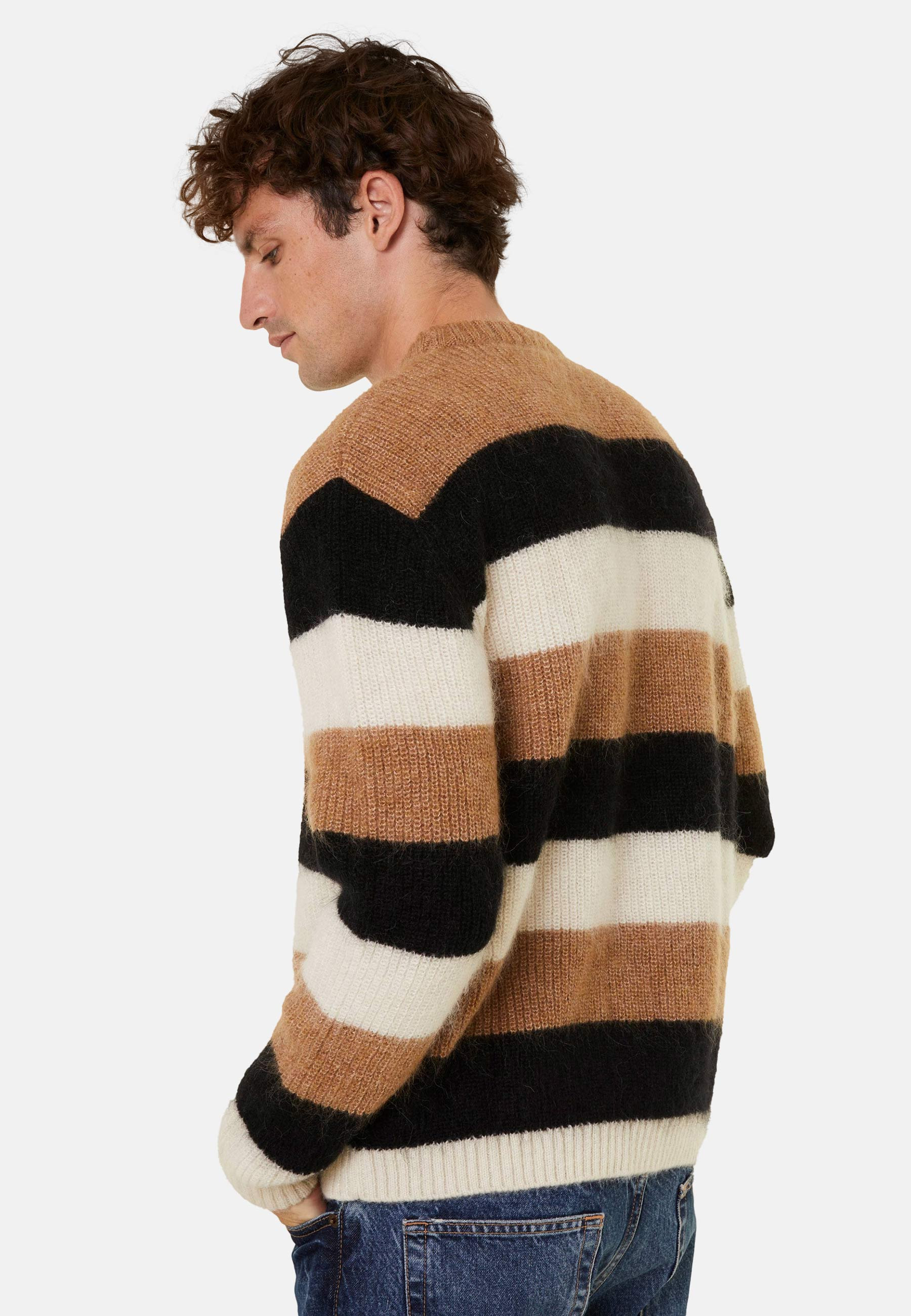 Pull col rond rayé tricolore en mohair - Fox