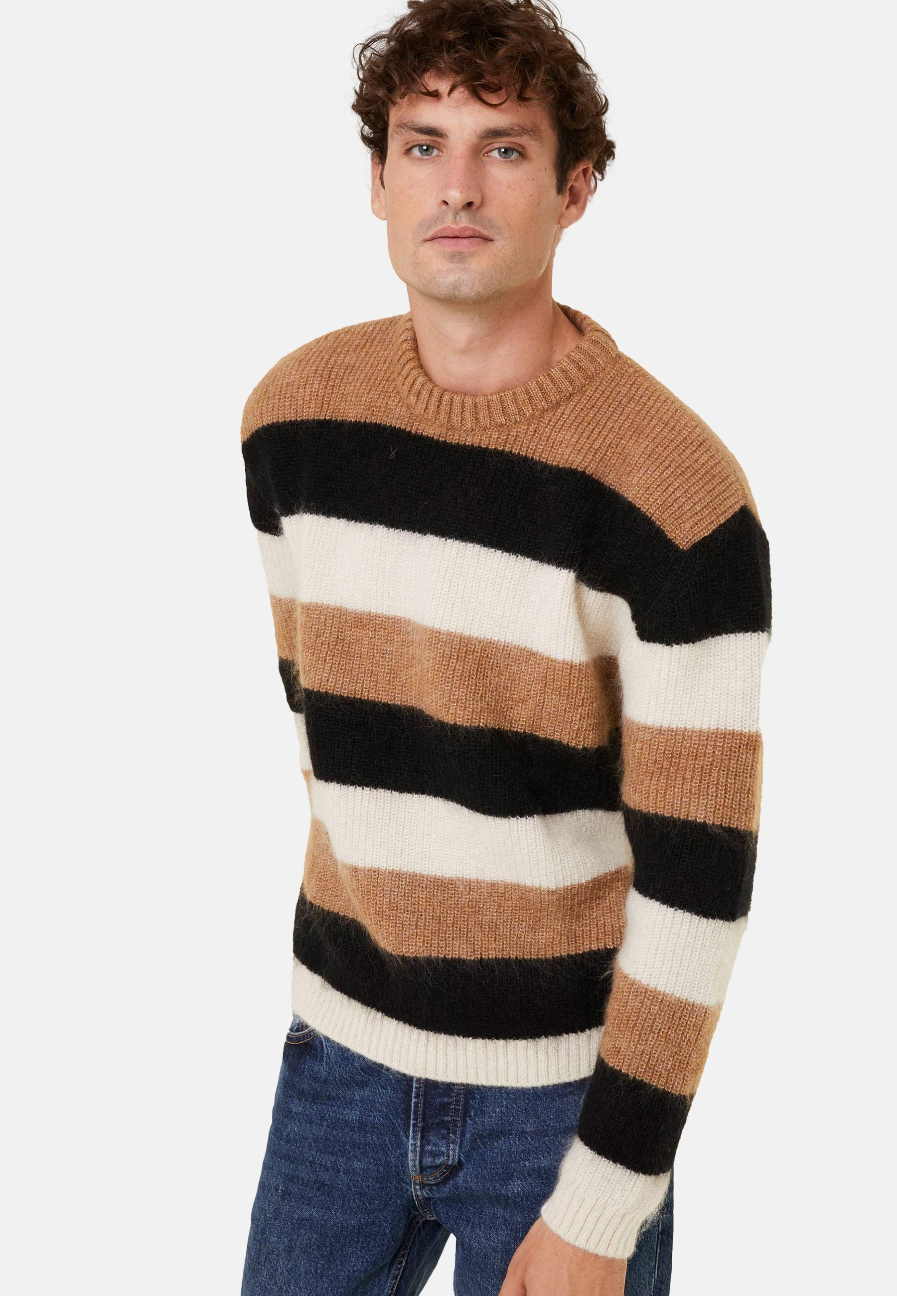 Pull col rond rayé tricolore en mohair - Fox