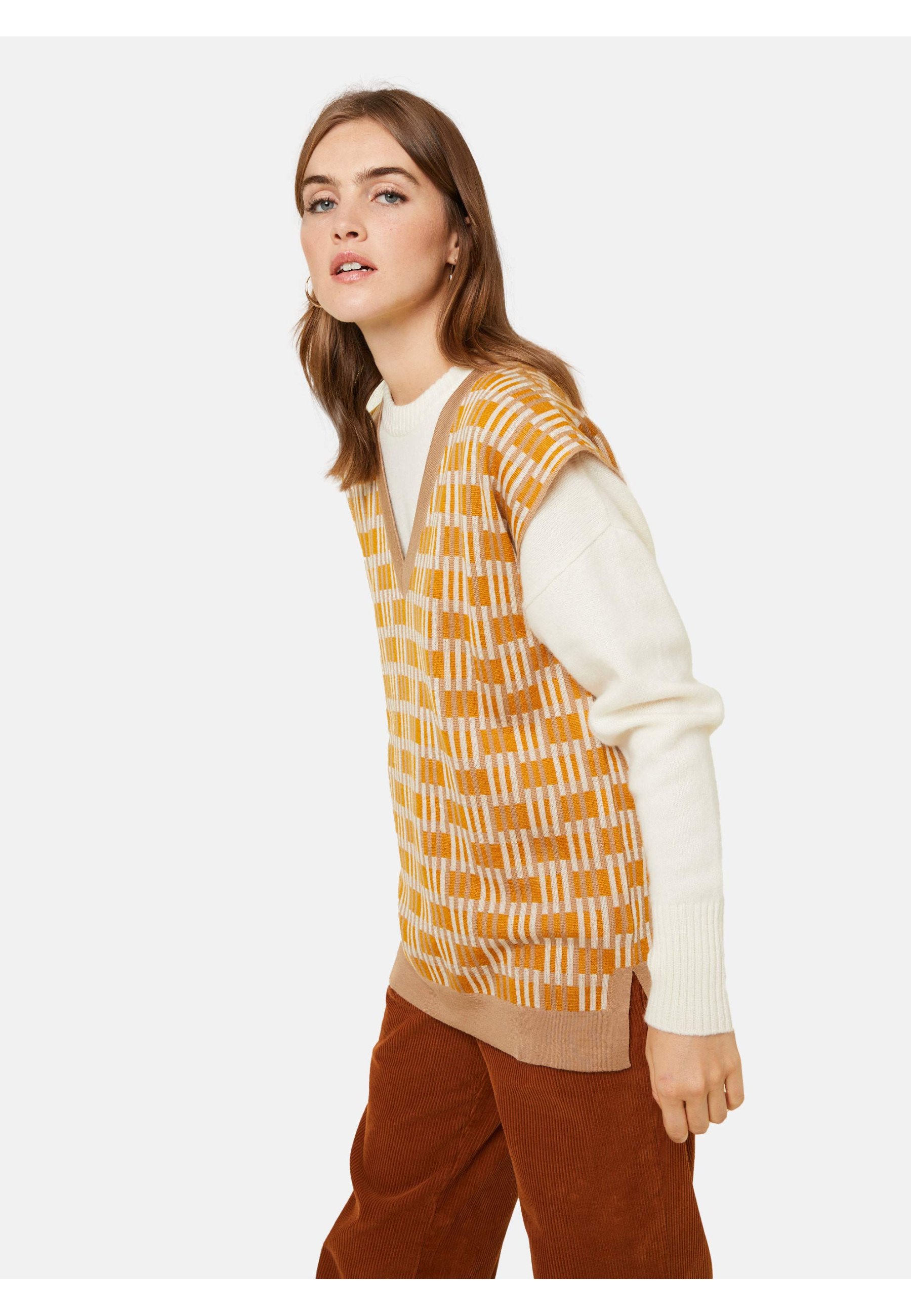 Pull col V à motifs en laine mérinos sans manches - Ganael