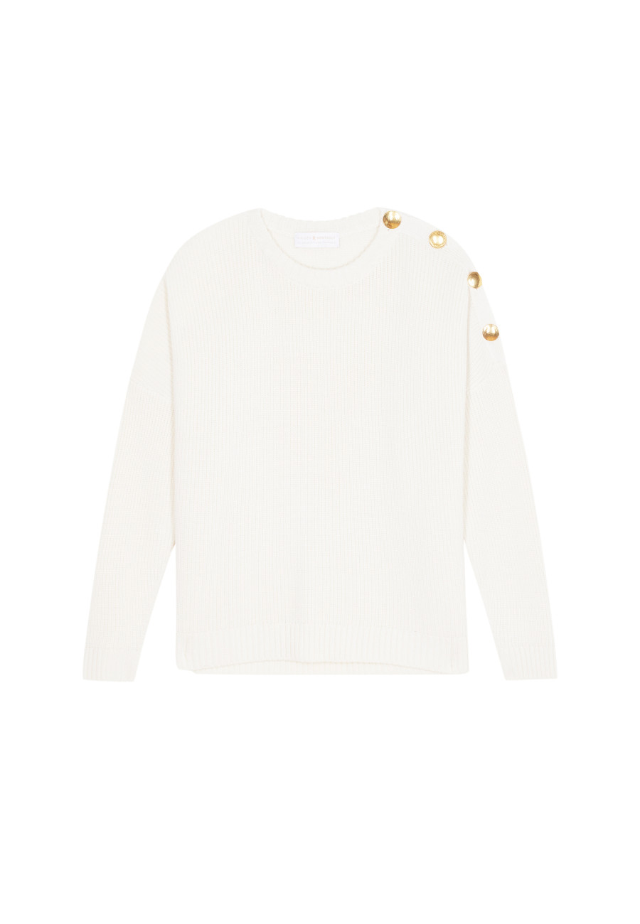 Pull col rond épaule boutonnée en laine mérinos - Gao