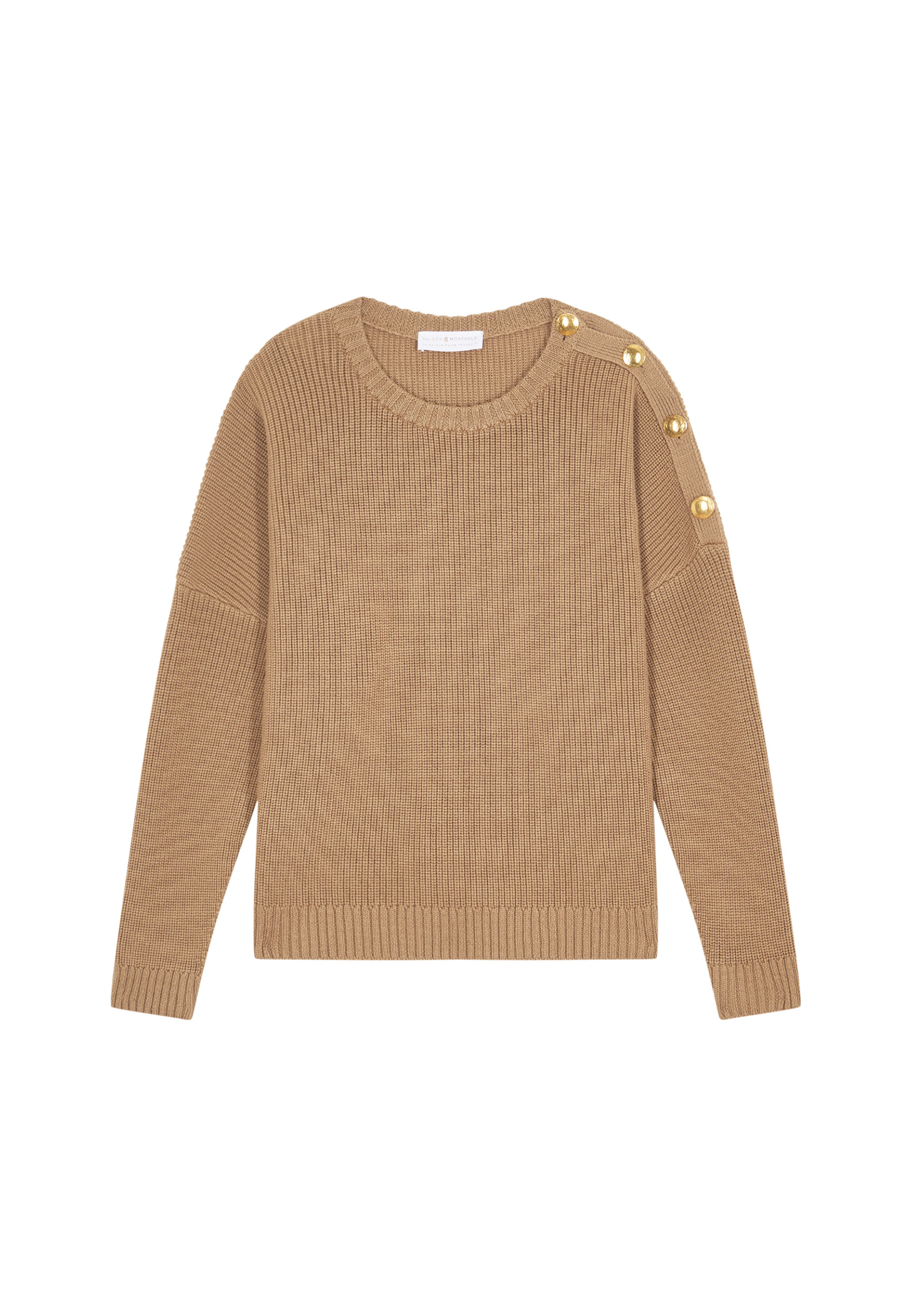 Pull col rond épaule boutonné en laine mérinos - Gao 7860 soleil - 89 Moutarde