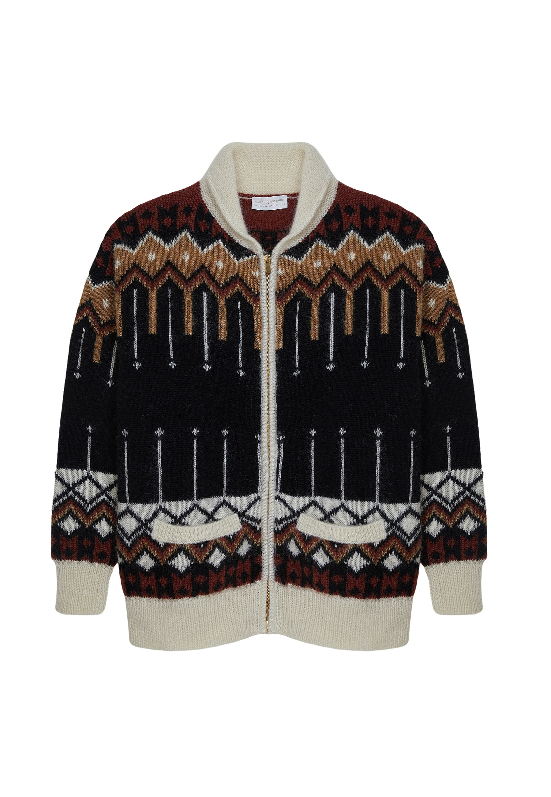 Veste zippée mi-longue à poches en laine cocon - Goia 7976 ecru/ecureuil/noir/camel - 01 Noir