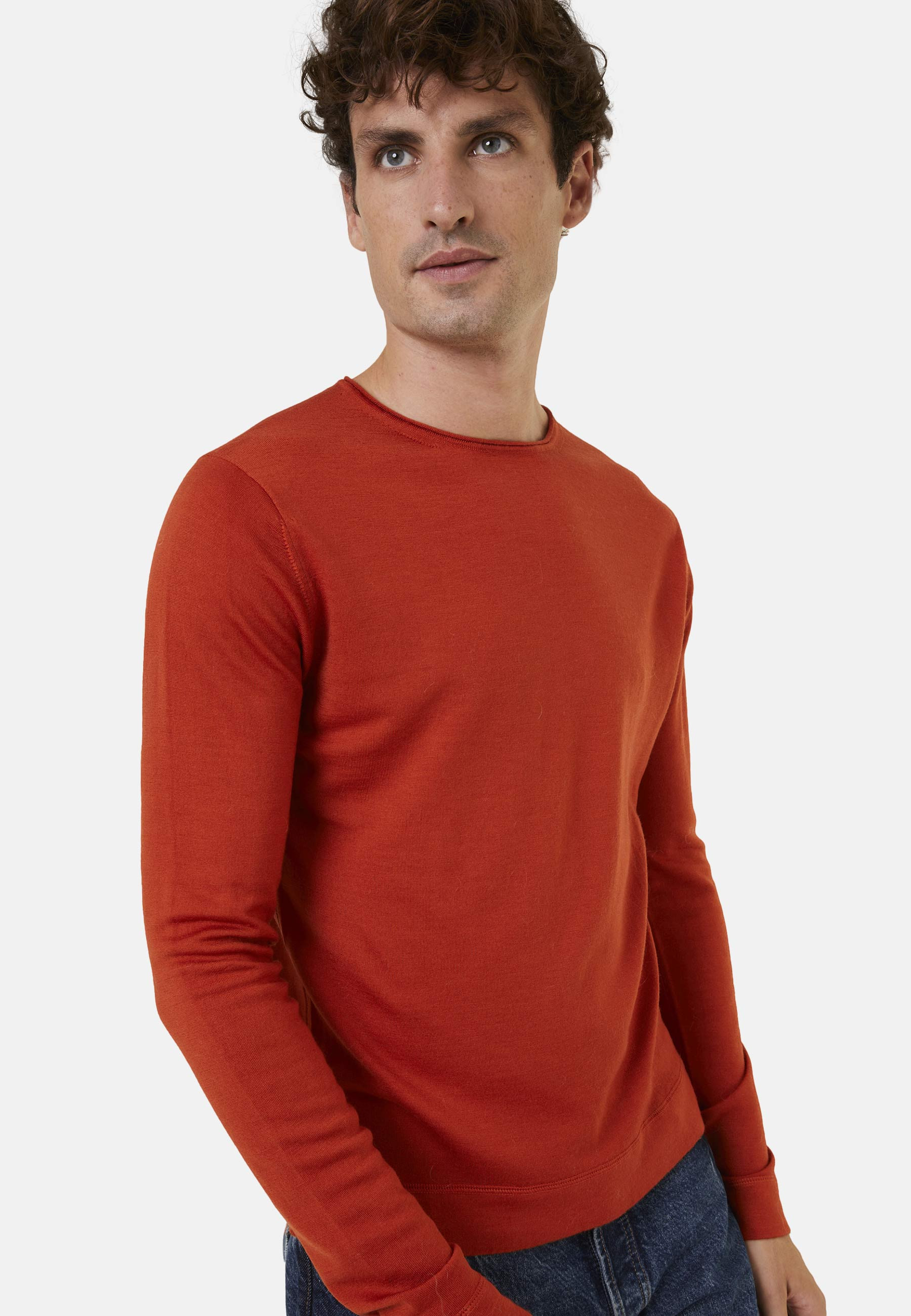 Pull col rond en laine mérinos finitions roulotées - Rythme 7860 soleil - 89 Moutarde