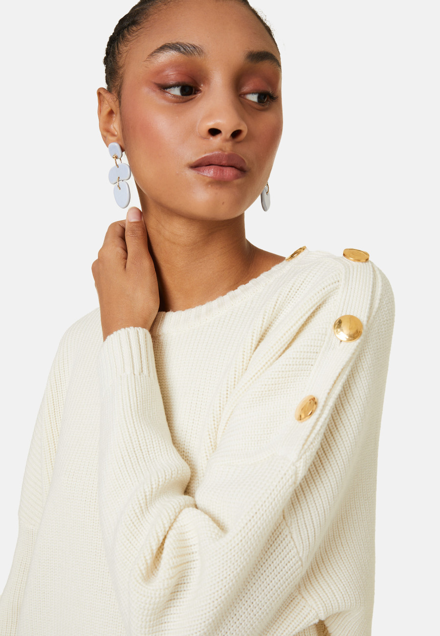 Pull col rond épaule boutonnée en laine mérinos - Gao