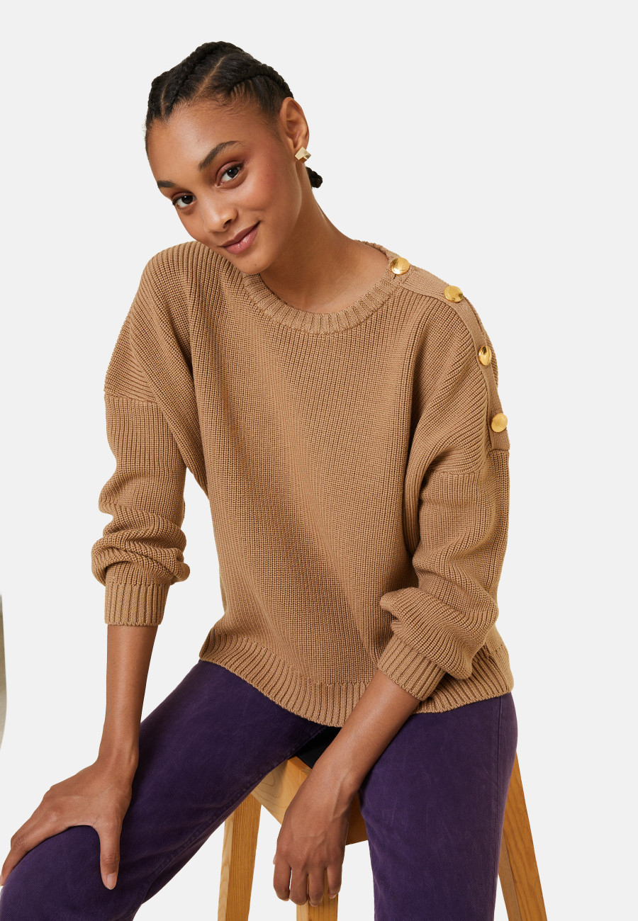 Pull col rond épaule boutonnée en laine mérinos - Gao
