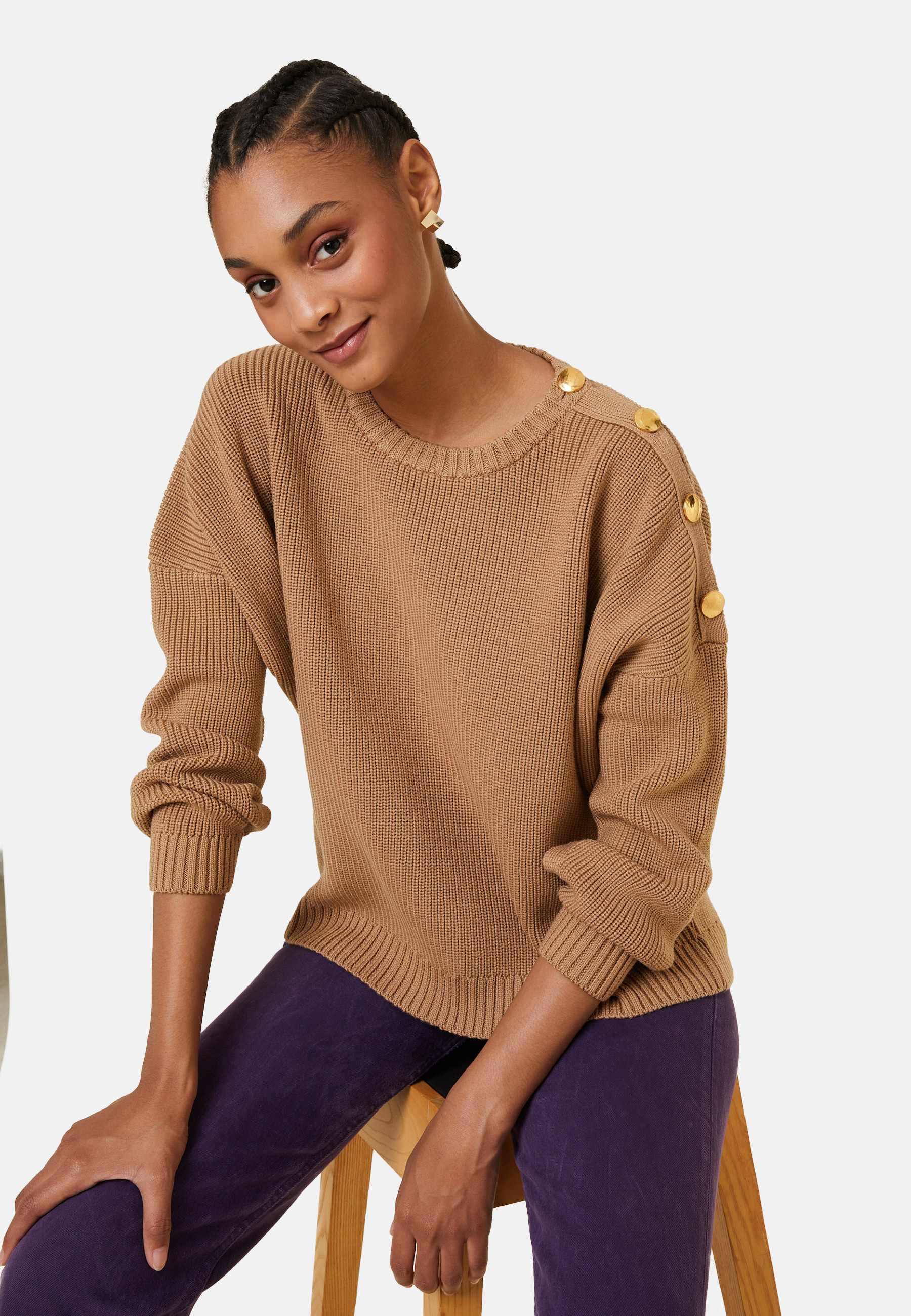 Pull col rond épaule boutonné en laine mérinos - Gao 7860 soleil - 89 Moutarde