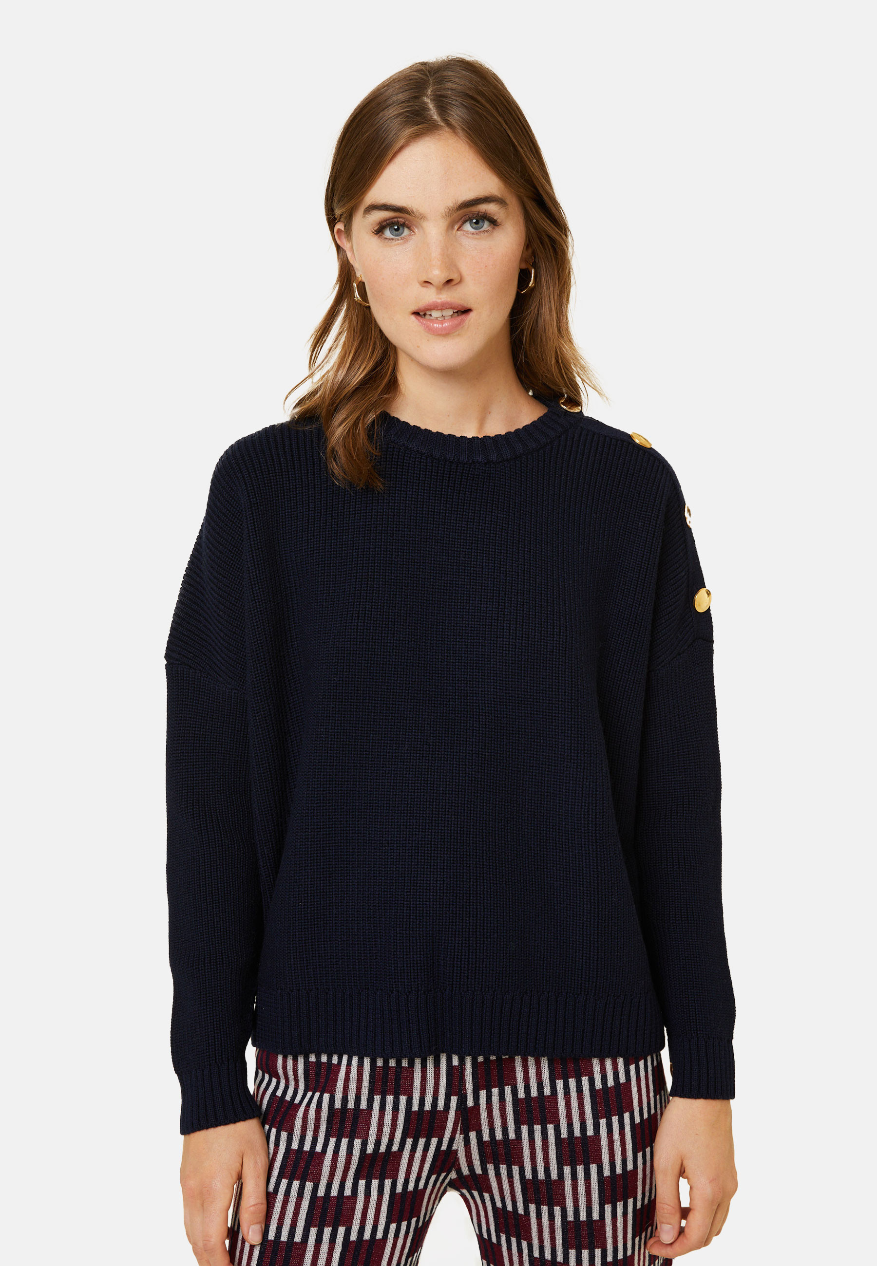 Pull col rond épaule boutonné en laine mérinos - Gao 7860 soleil - 89 Moutarde
