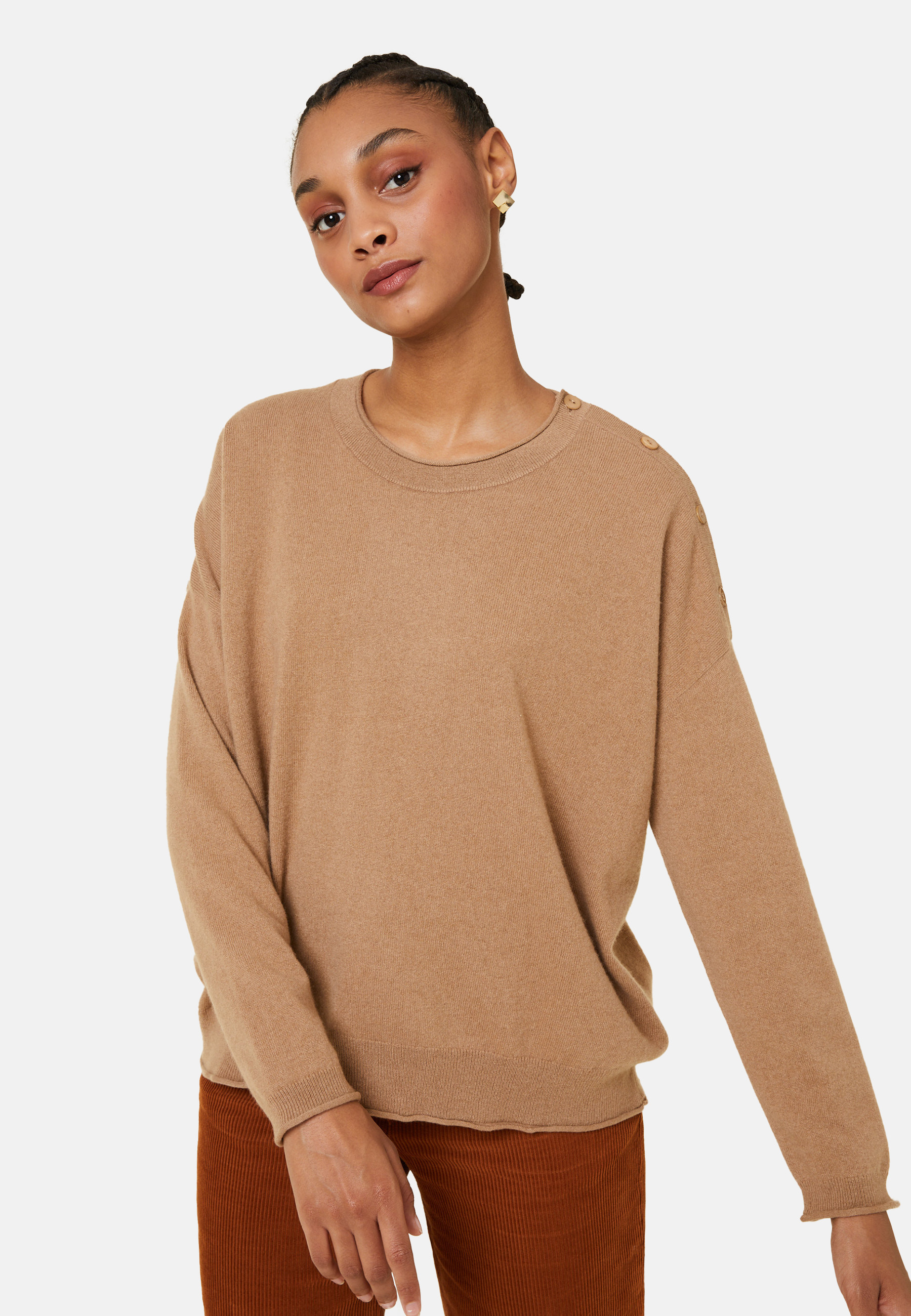 Pull ample boutonné à col rond en cachemire - Acene 7860 soleil - 89 Moutarde