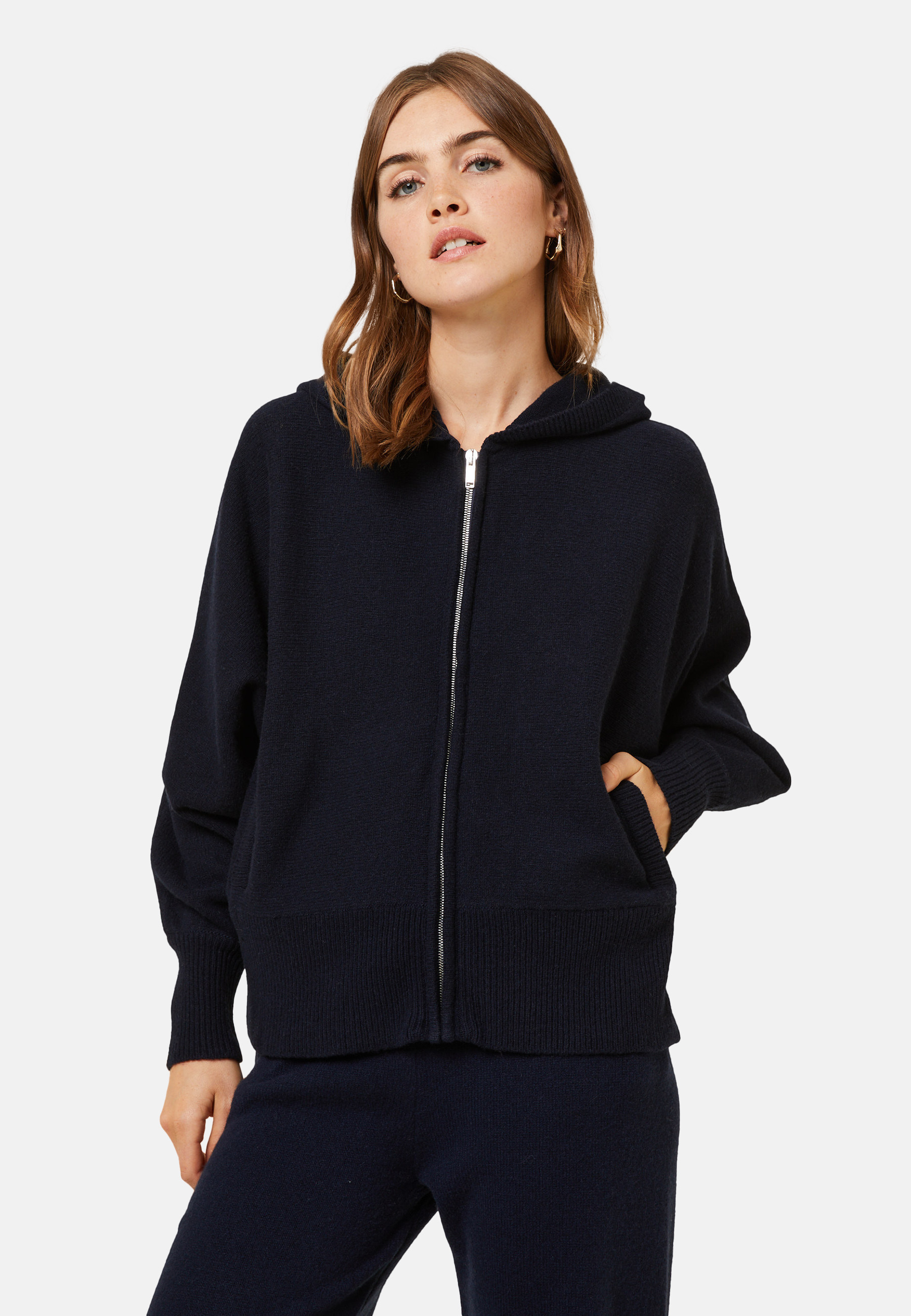 Gilet zippé à capuche manches chauves souris en cachemire et laine recyclés - Albin 7810 noir - 01 Noir
